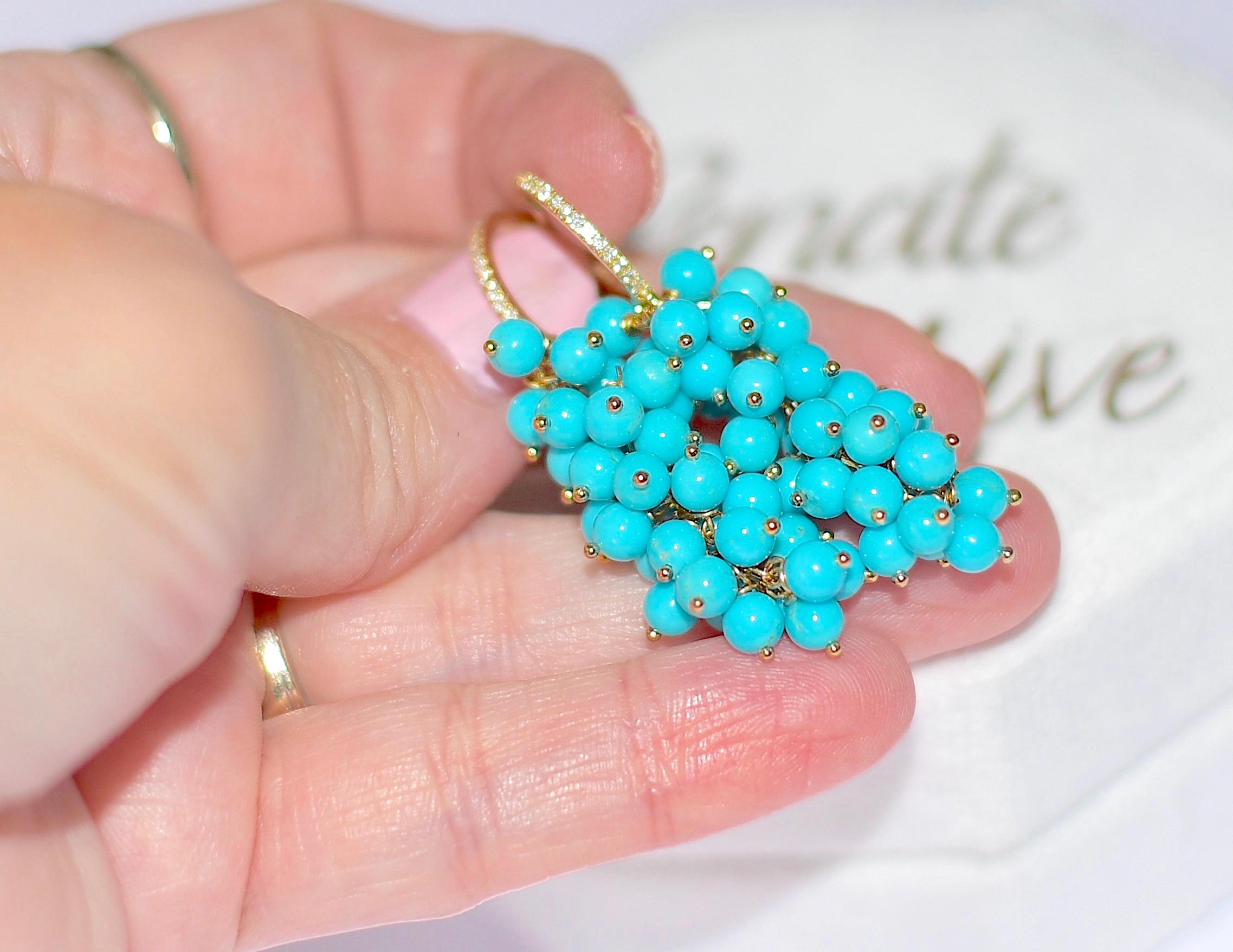 Bead Sleeping Beauty Turquoise Earrings in 14K Solid Yellow Gold, Diamonds