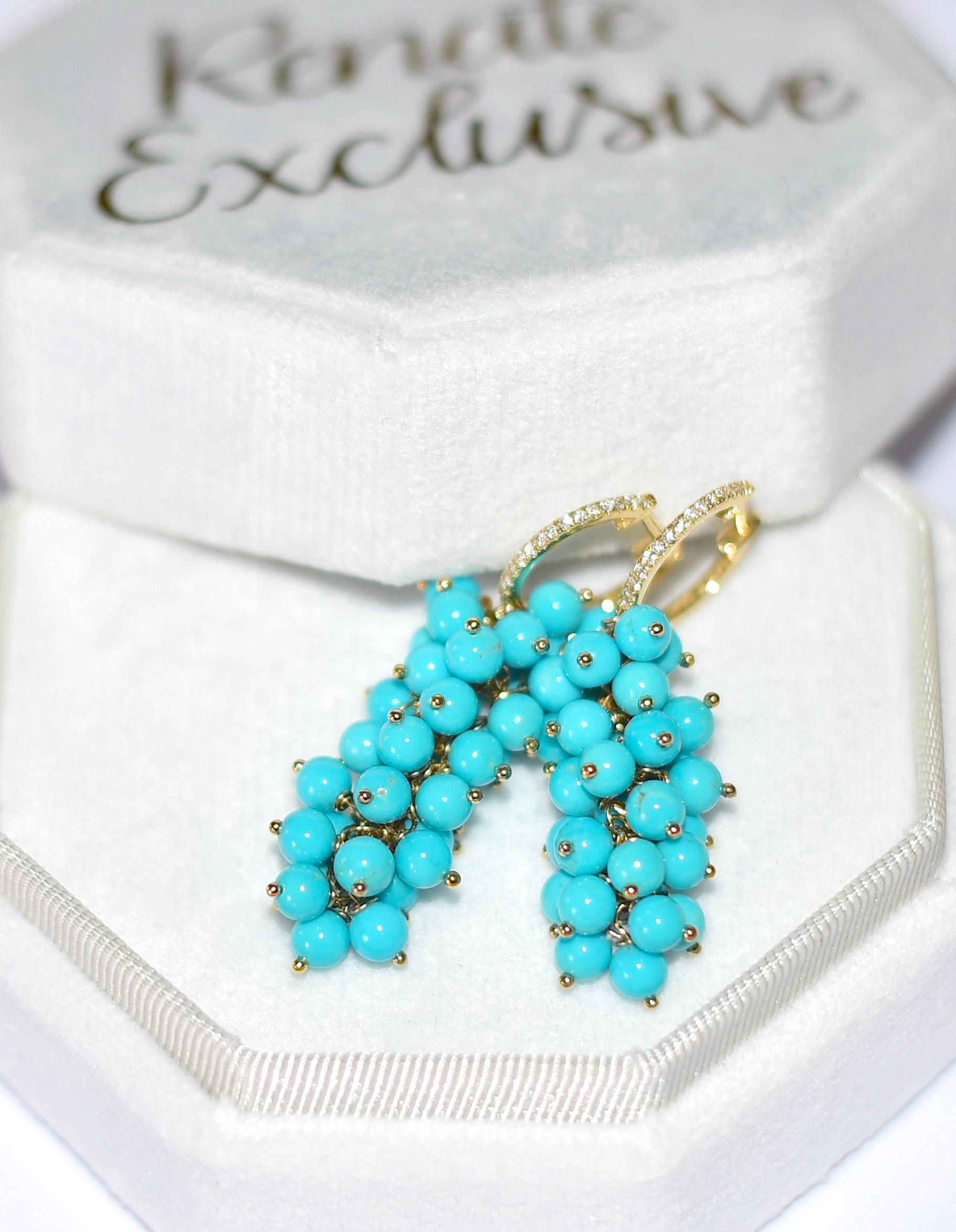 Sleeping Beauty Turquoise Earrings in 14K Solid Yellow Gold, Diamonds In New Condition In Astoria, NY