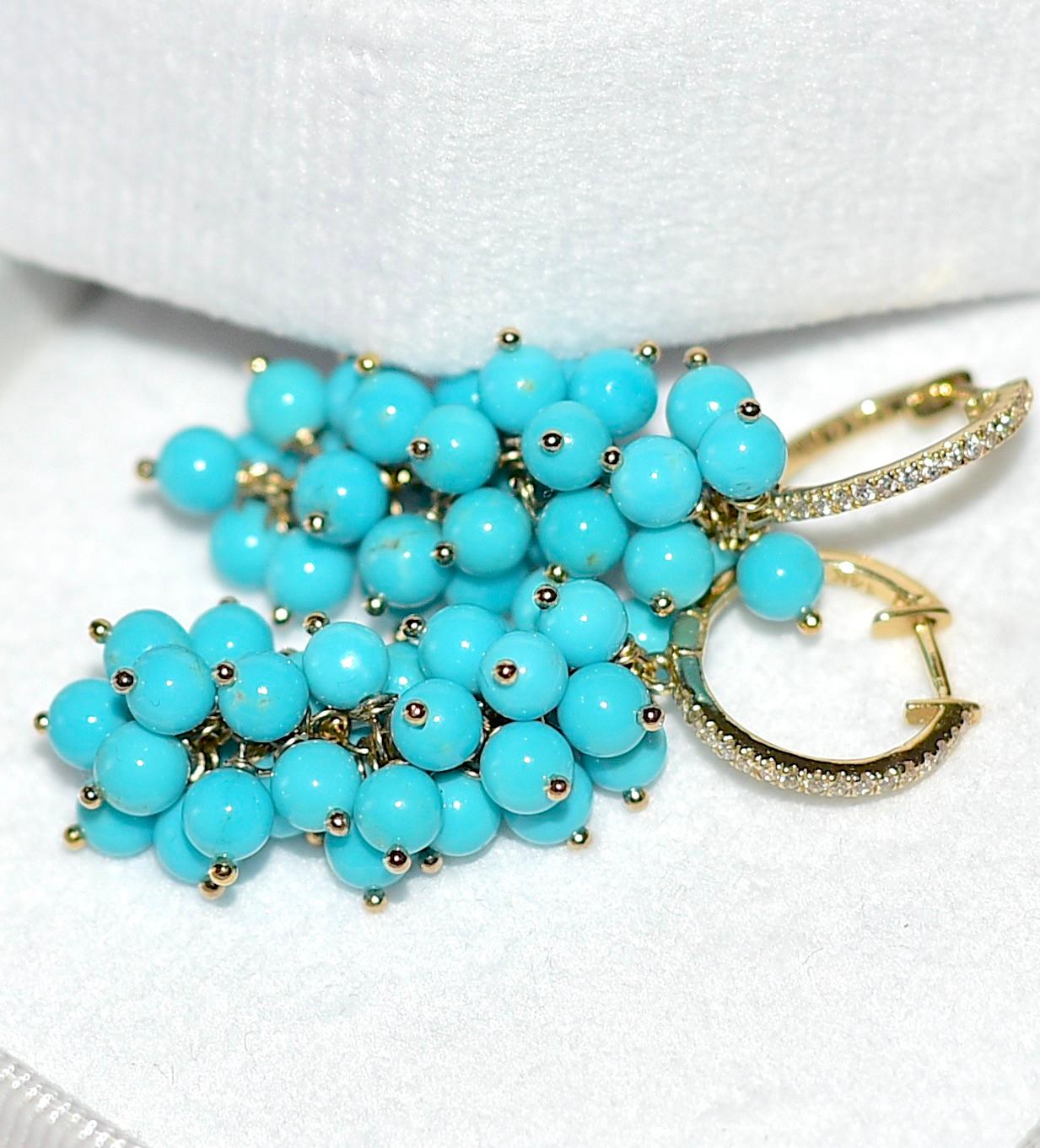 Sleeping Beauty Turquoise Earrings in 14K Solid Yellow Gold, Diamonds 2