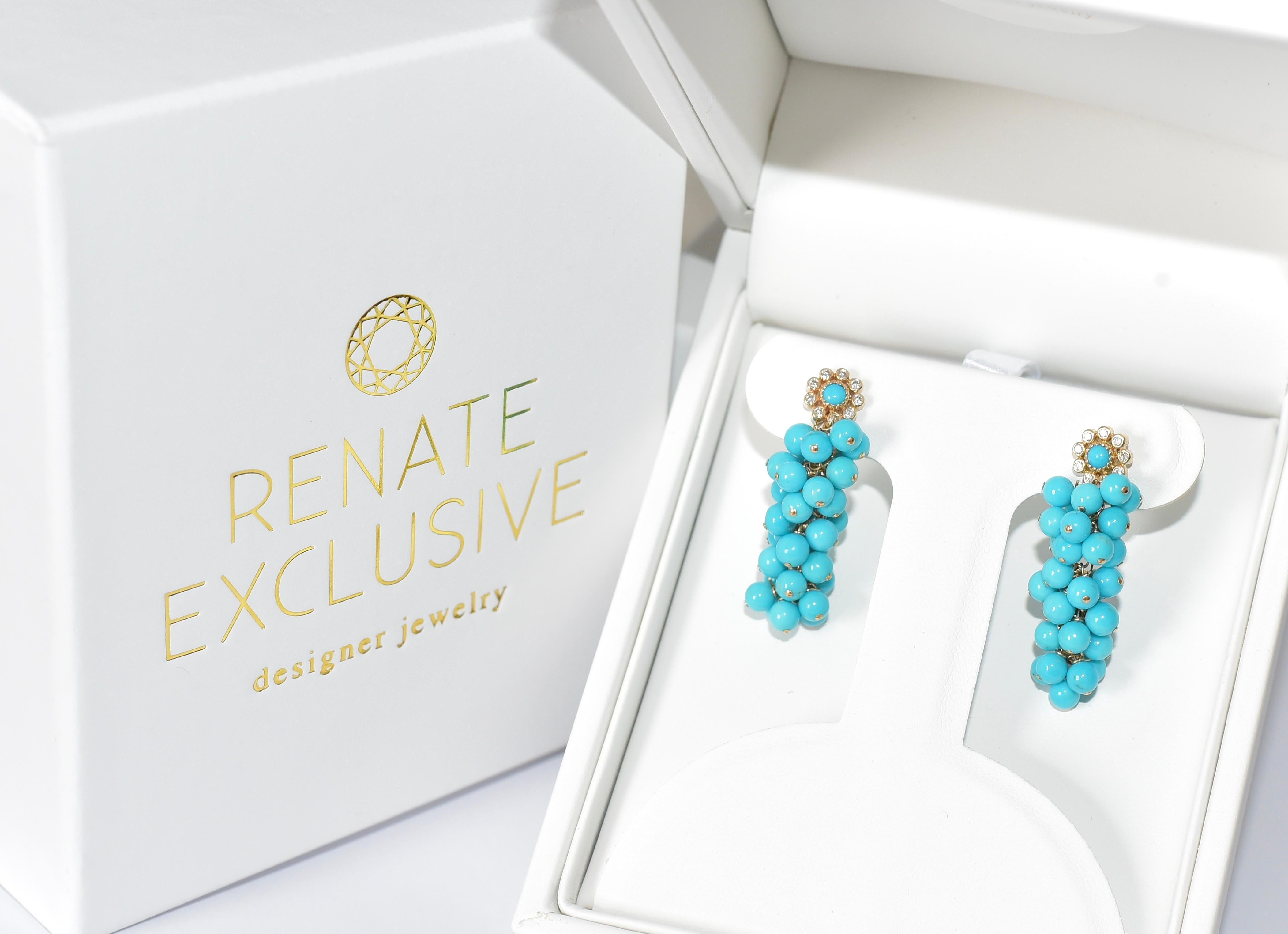 Tens and tens of Sleeping Beauty Turquoise beads (4,3mm) have been painstakingly hand-linked with  14k Solid Yellow Gold Natural Sleeping Beauty Turquoise Diamond Halo Flower Ear Studs. Amazingly beautiful turquoise color earrings and Diamonds are