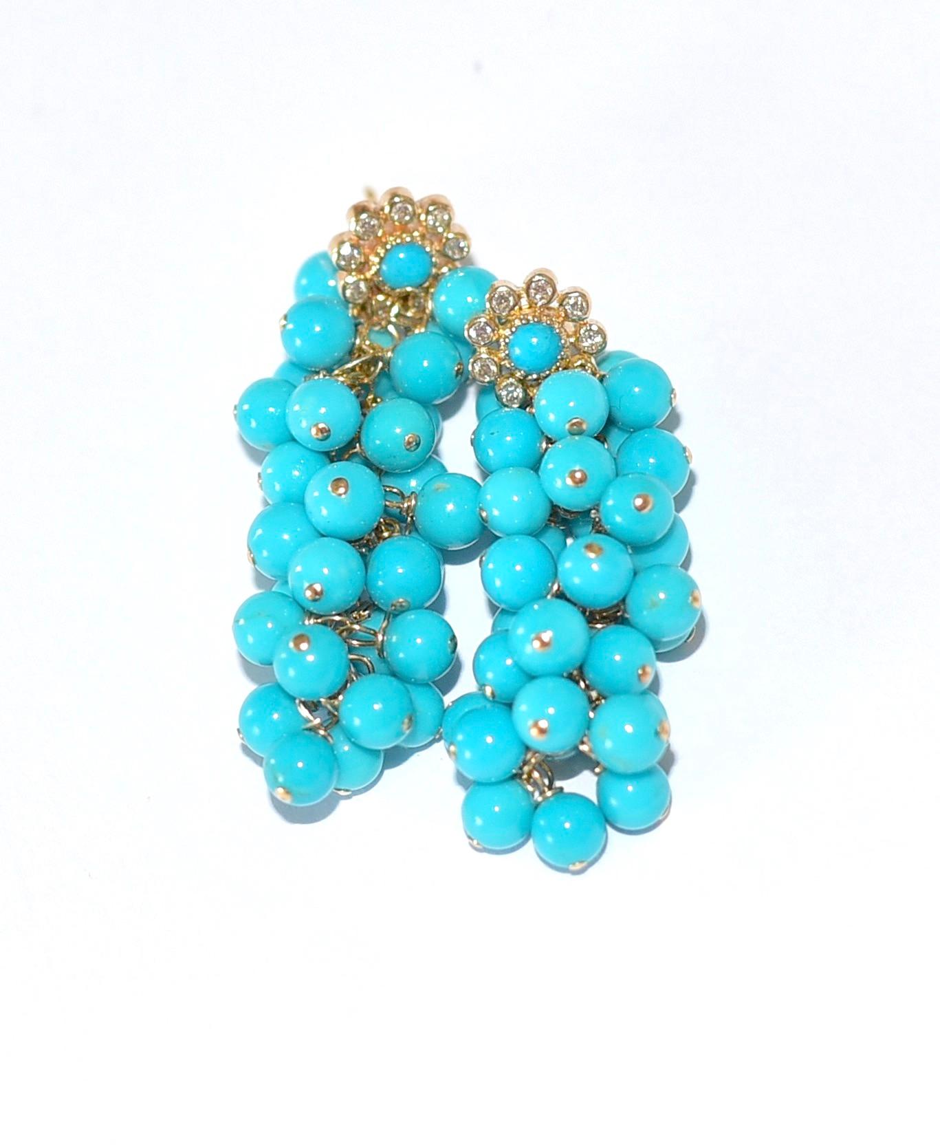 Bead Sleeping Beauty Turquoise Earrings in 14K Solid Yellow Gold Stud, Diamonds