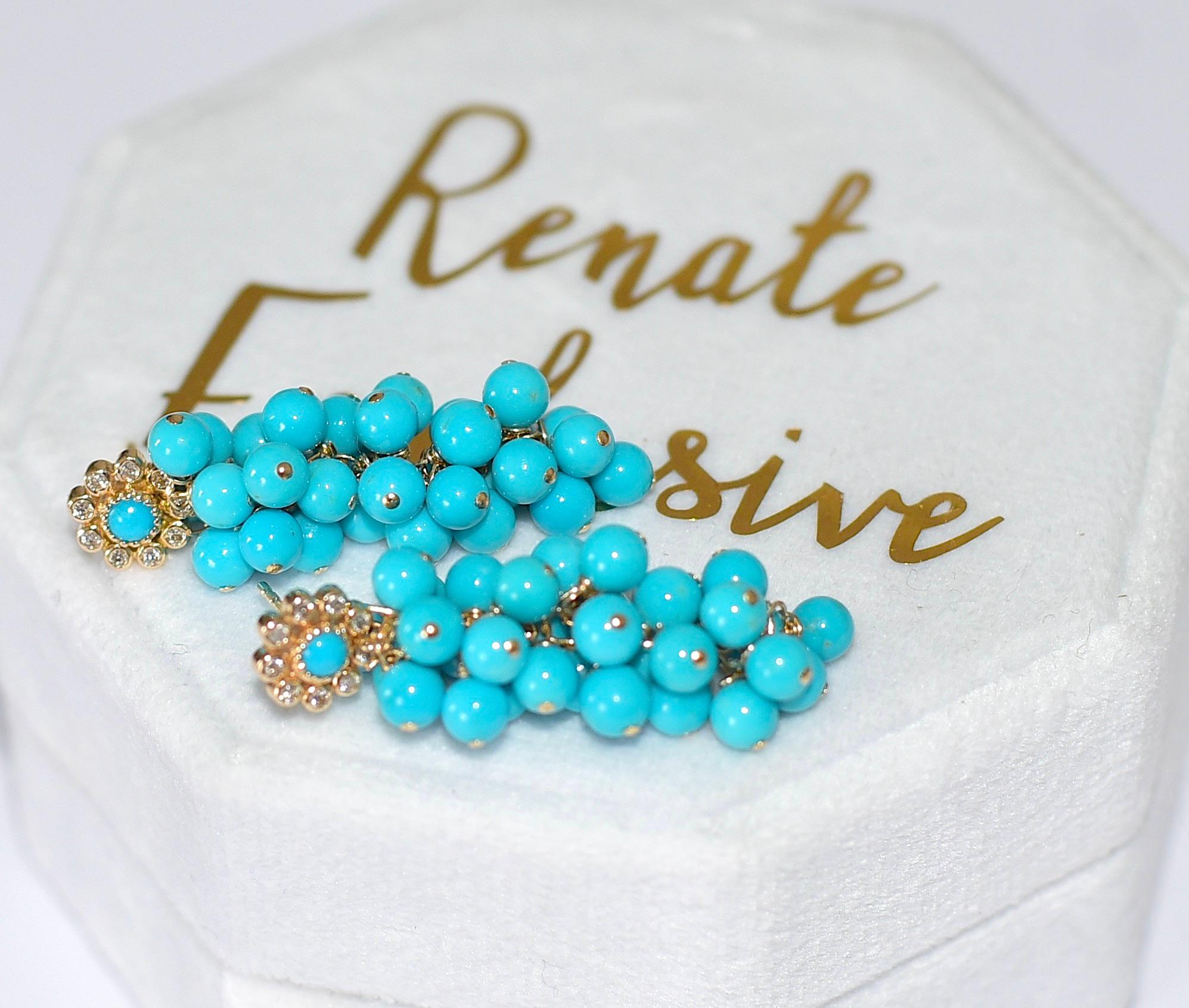 Women's Sleeping Beauty Turquoise Earrings in 14K Solid Yellow Gold Stud, Diamonds