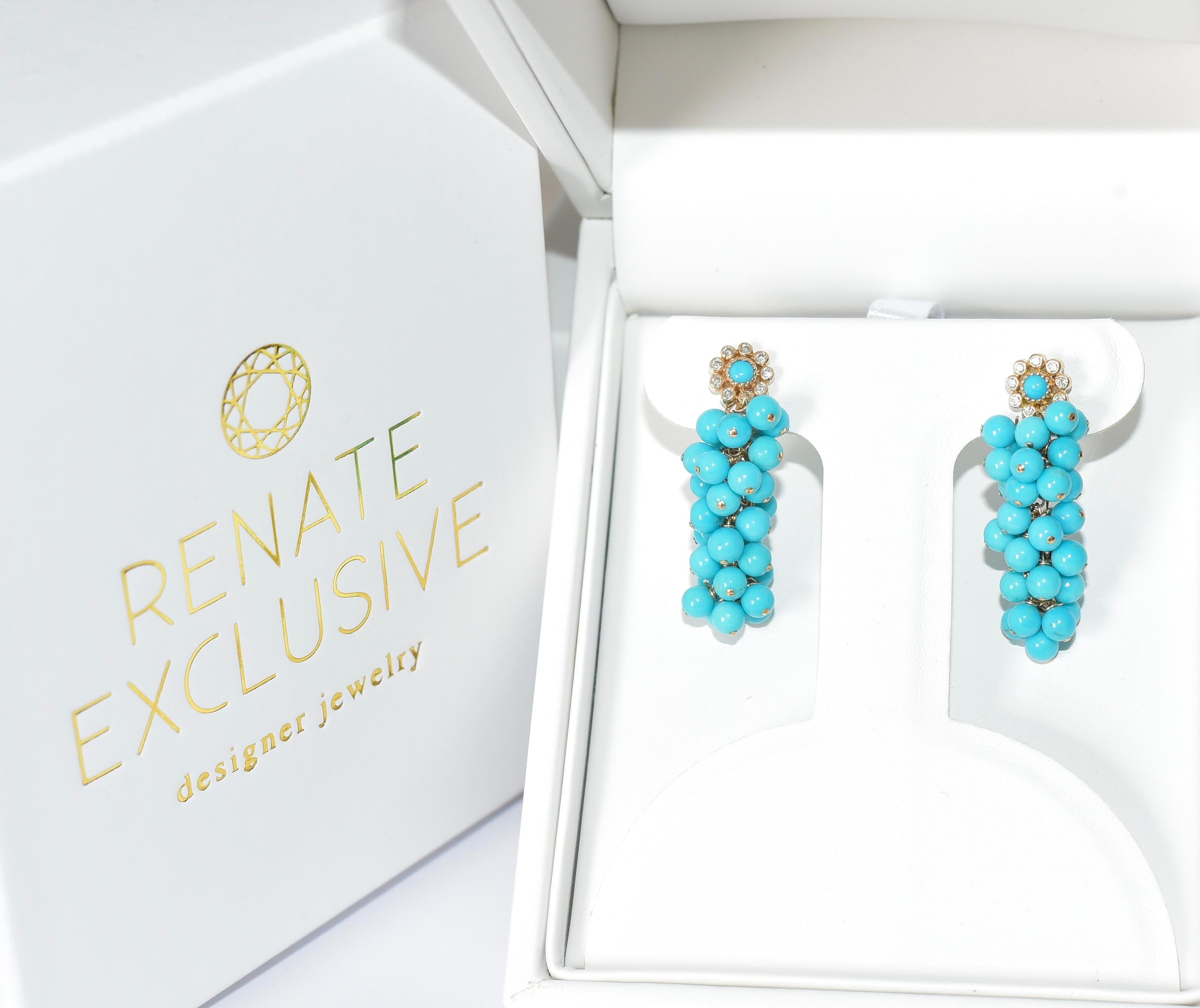 Sleeping Beauty Turquoise Earrings in 14K Solid Yellow Gold Stud, Diamonds 2