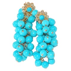 Sleeping Beauty Turquoise Earrings in 14K Solid Yellow Gold Stud, Diamonds