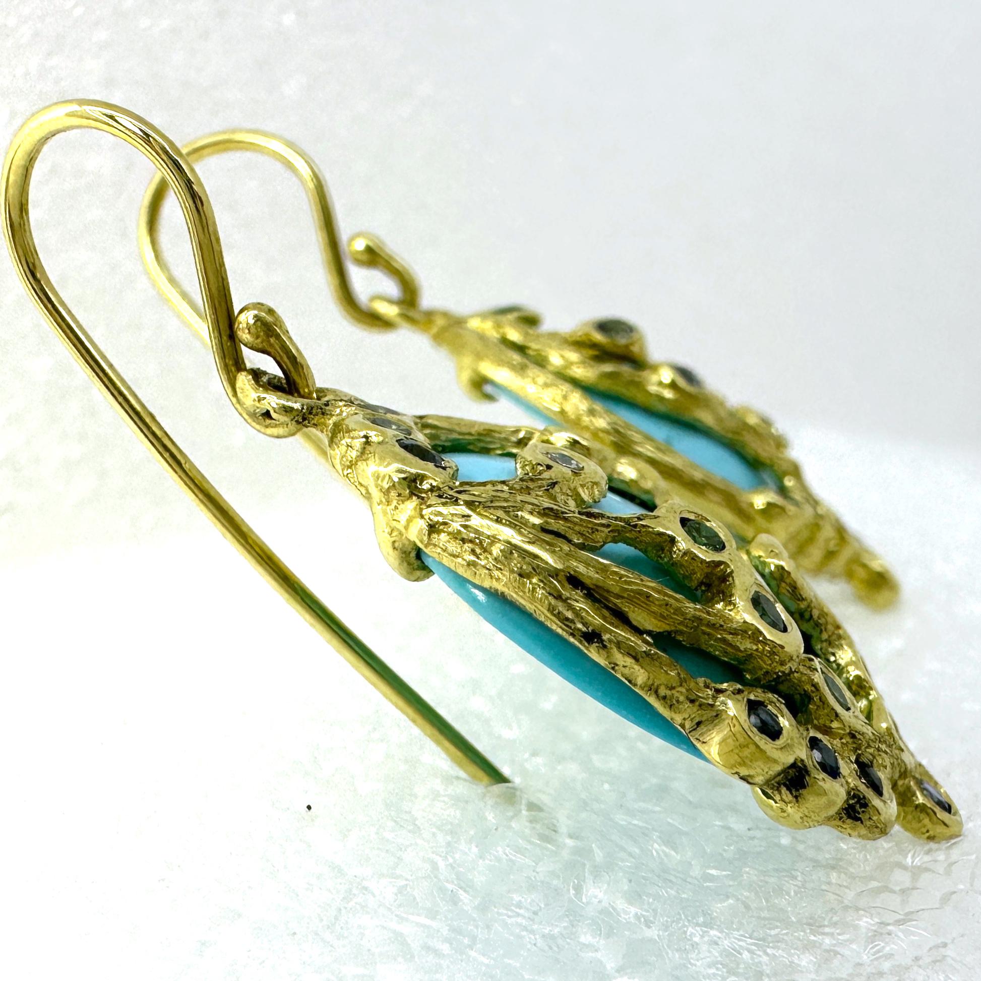 Sleeping Beauty Turquoise Earrings in 18 Karat Gold with Diamonds & Sapphires For Sale 3