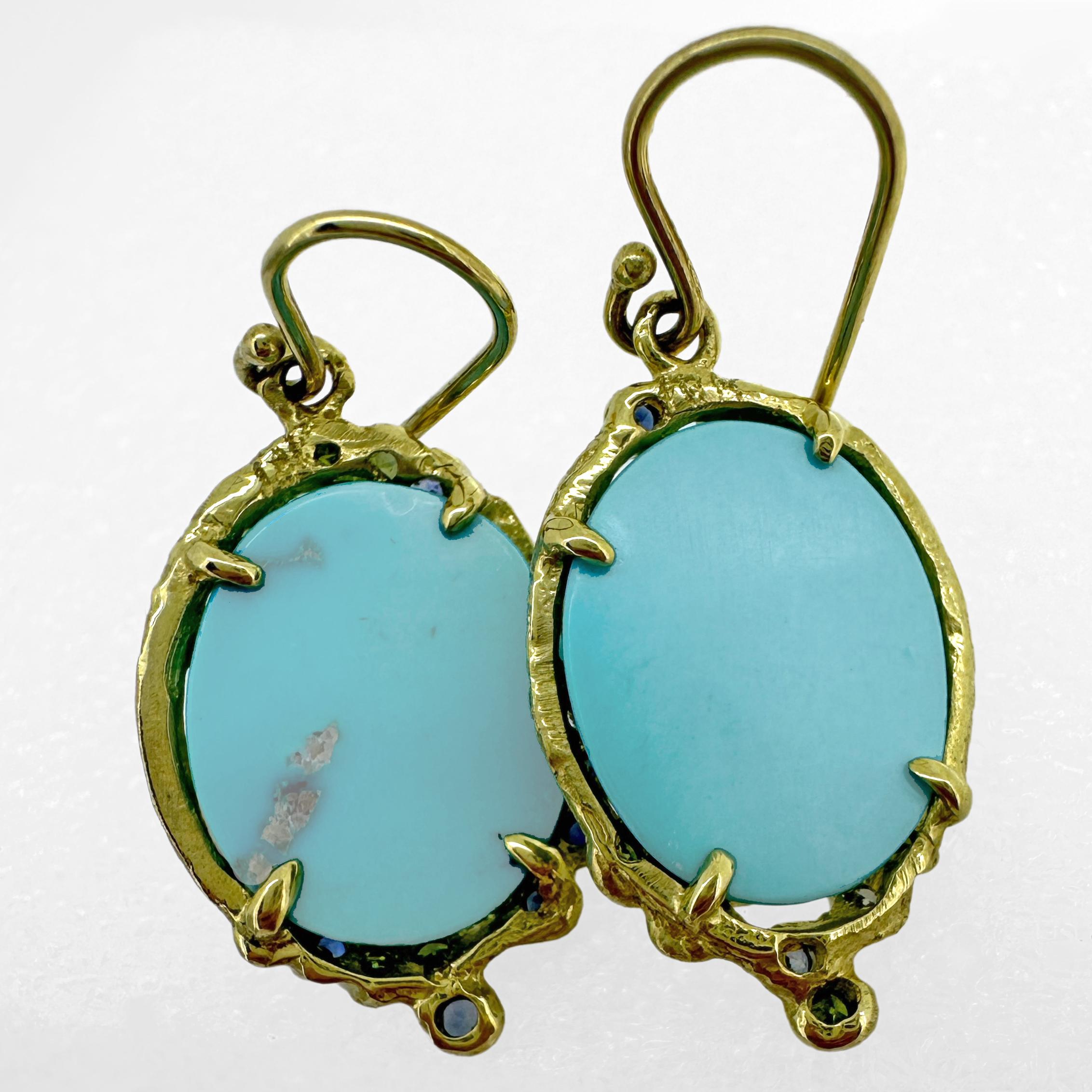 Sleeping Beauty Turquoise Earrings in 18 Karat Gold with Diamonds & Sapphires For Sale 4