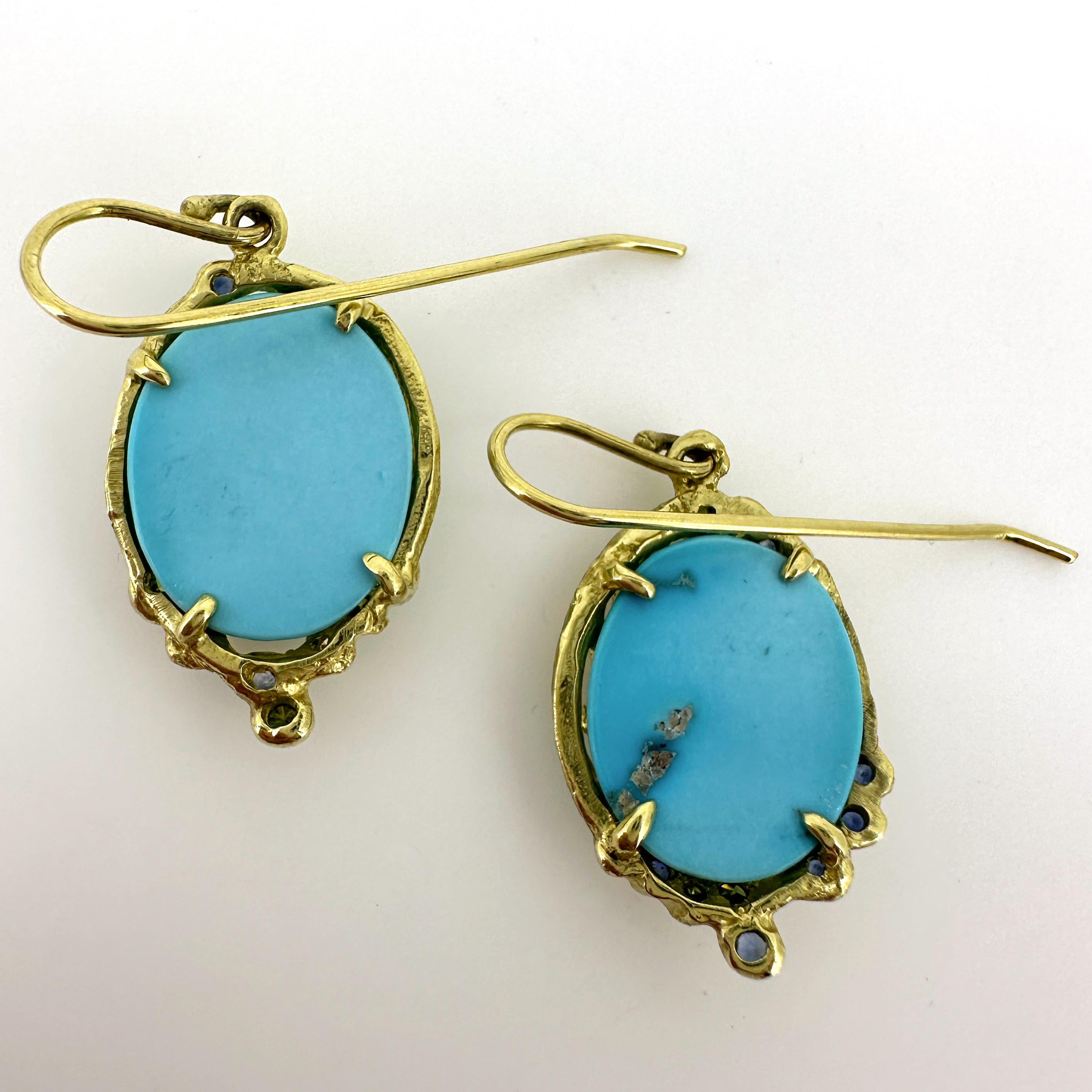 Sleeping Beauty Turquoise Earrings in 18 Karat Gold with Diamonds & Sapphires For Sale 5