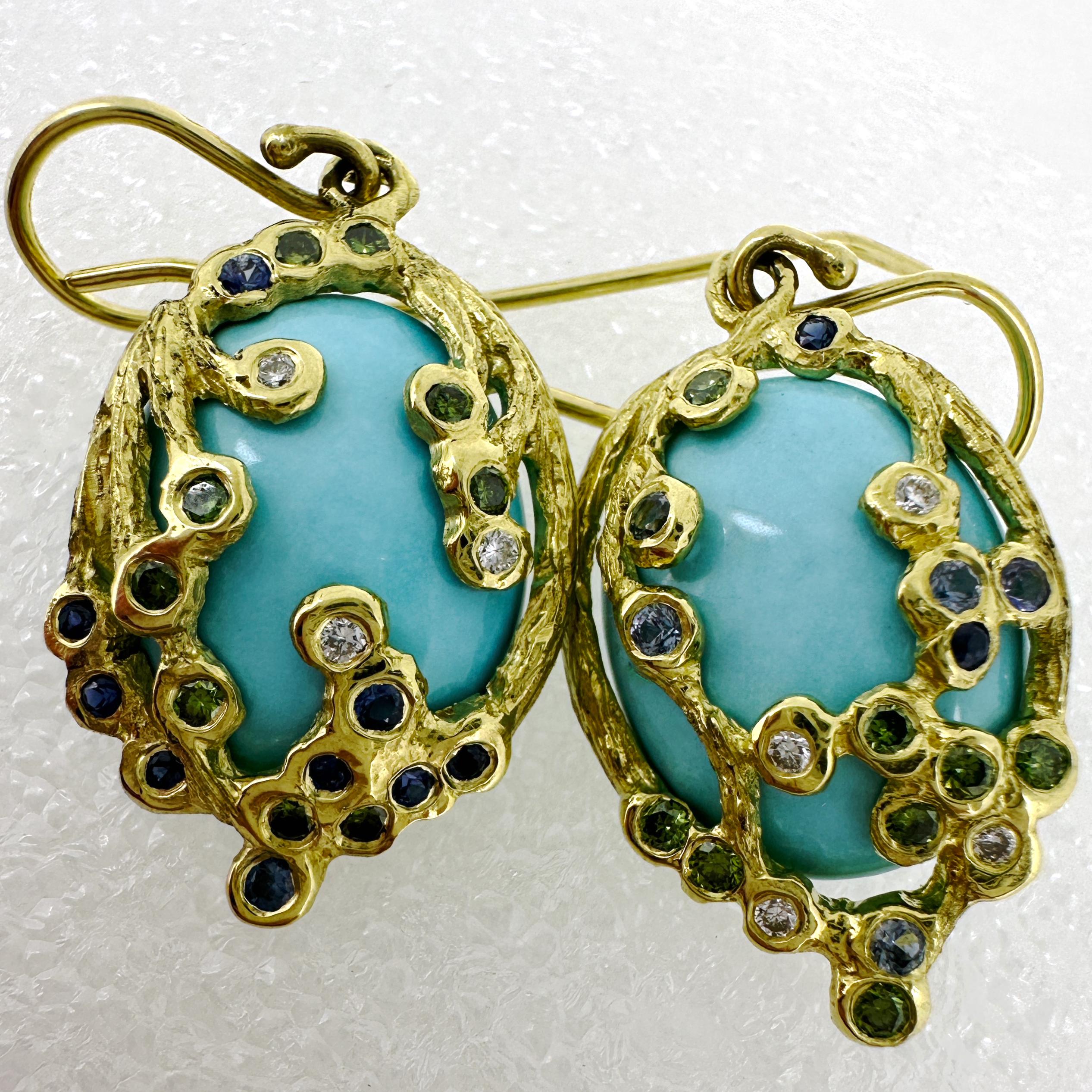 Contemporary Sleeping Beauty Turquoise Earrings in 18 Karat Gold with Diamonds & Sapphires For Sale