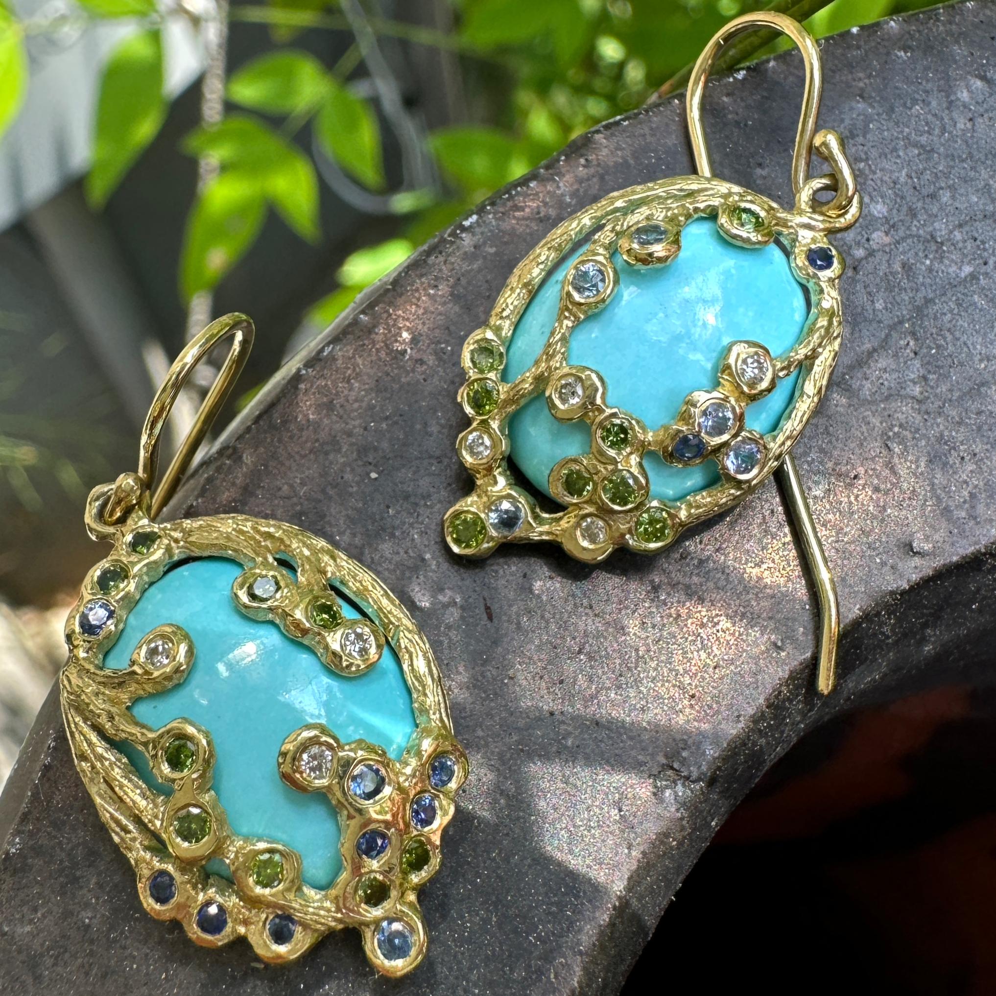 Cabochon Sleeping Beauty Turquoise Earrings in 18 Karat Gold with Diamonds & Sapphires For Sale