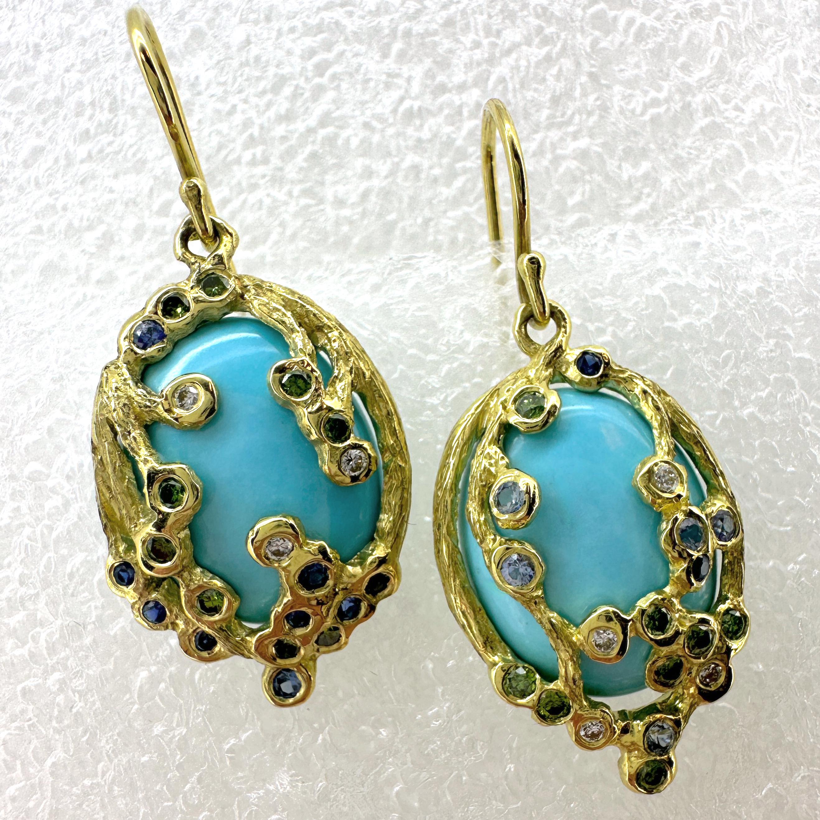 Sleeping Beauty Turquoise Earrings in 18 Karat Gold with Diamonds & Sapphires In New Condition For Sale In Sherman Oaks, CA