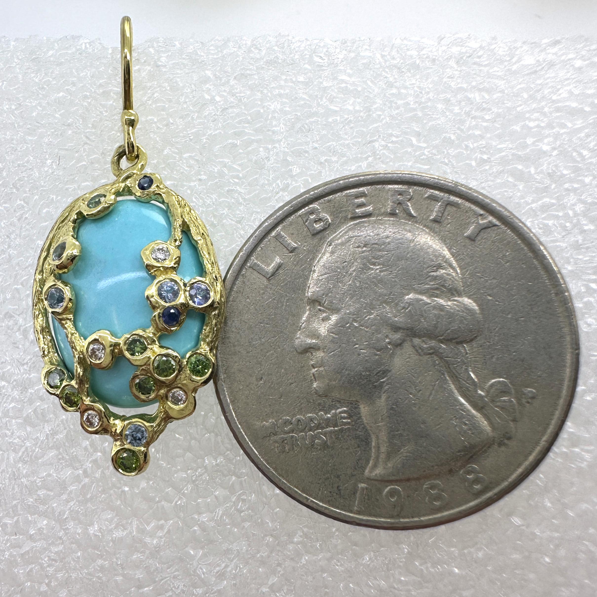 Sleeping Beauty Turquoise Earrings in 18 Karat Gold with Diamonds & Sapphires For Sale 1
