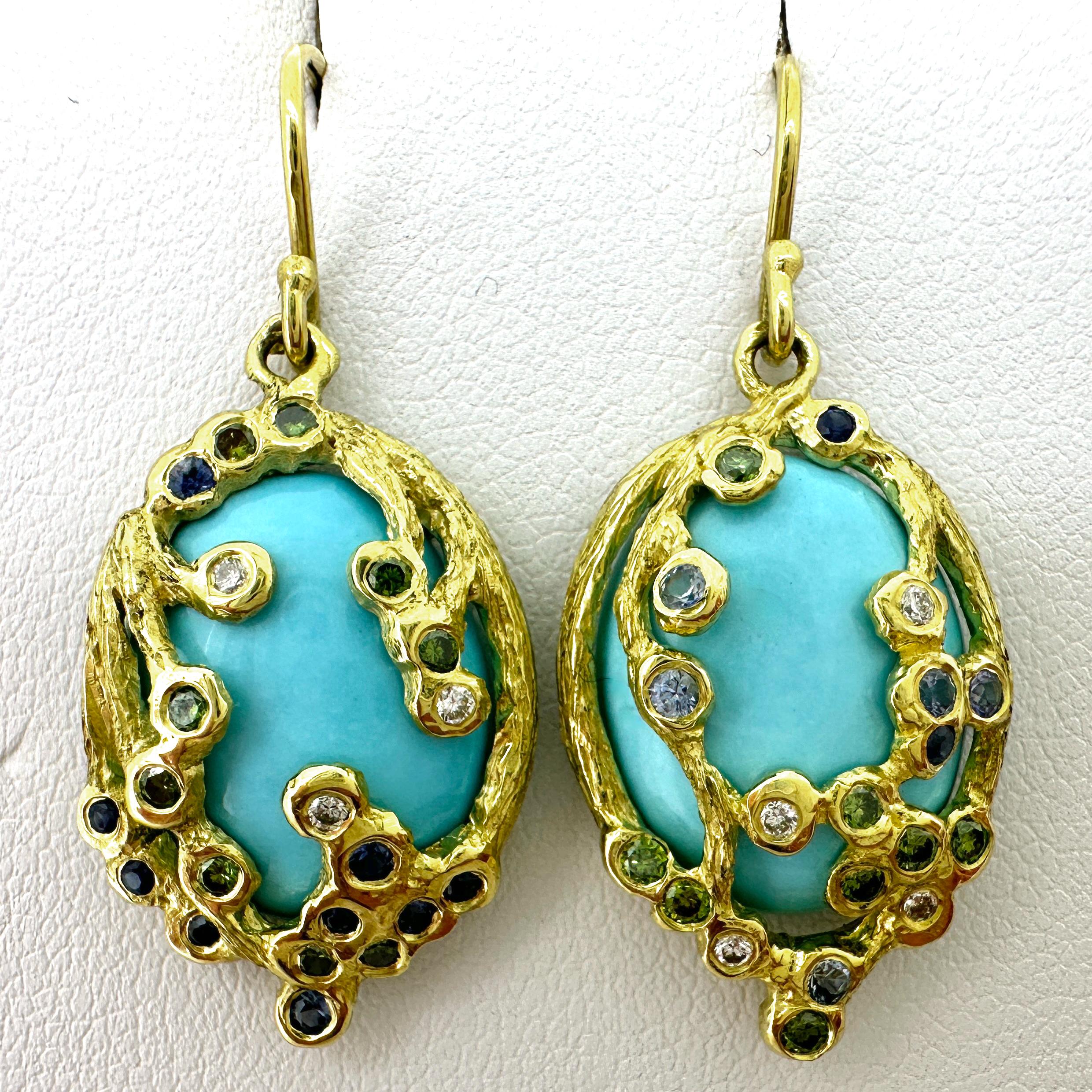 Sleeping Beauty Turquoise Earrings in 18 Karat Gold with Diamonds & Sapphires For Sale 2