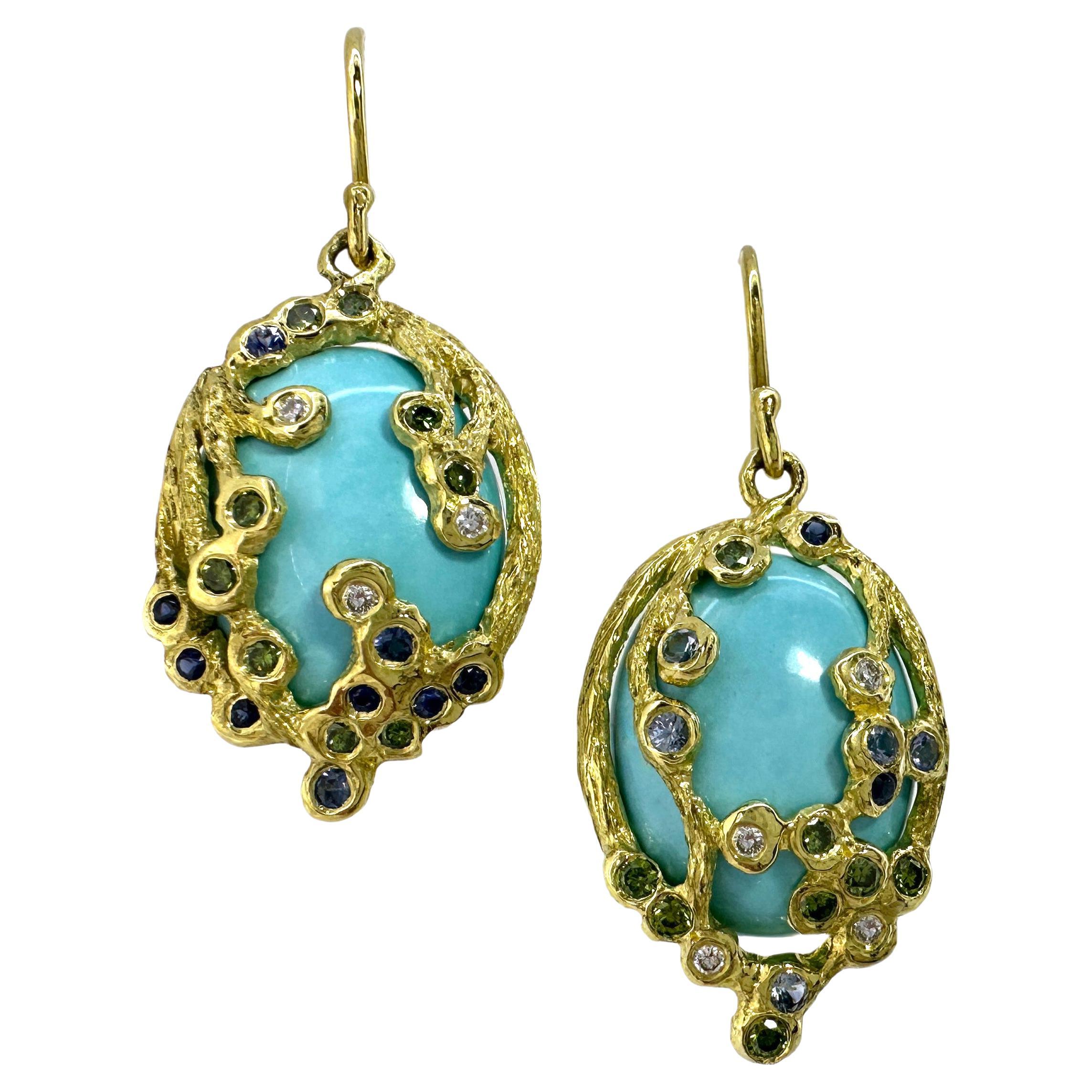 Sleeping Beauty Turquoise Earrings in 18 Karat Gold with Diamonds & Sapphires For Sale