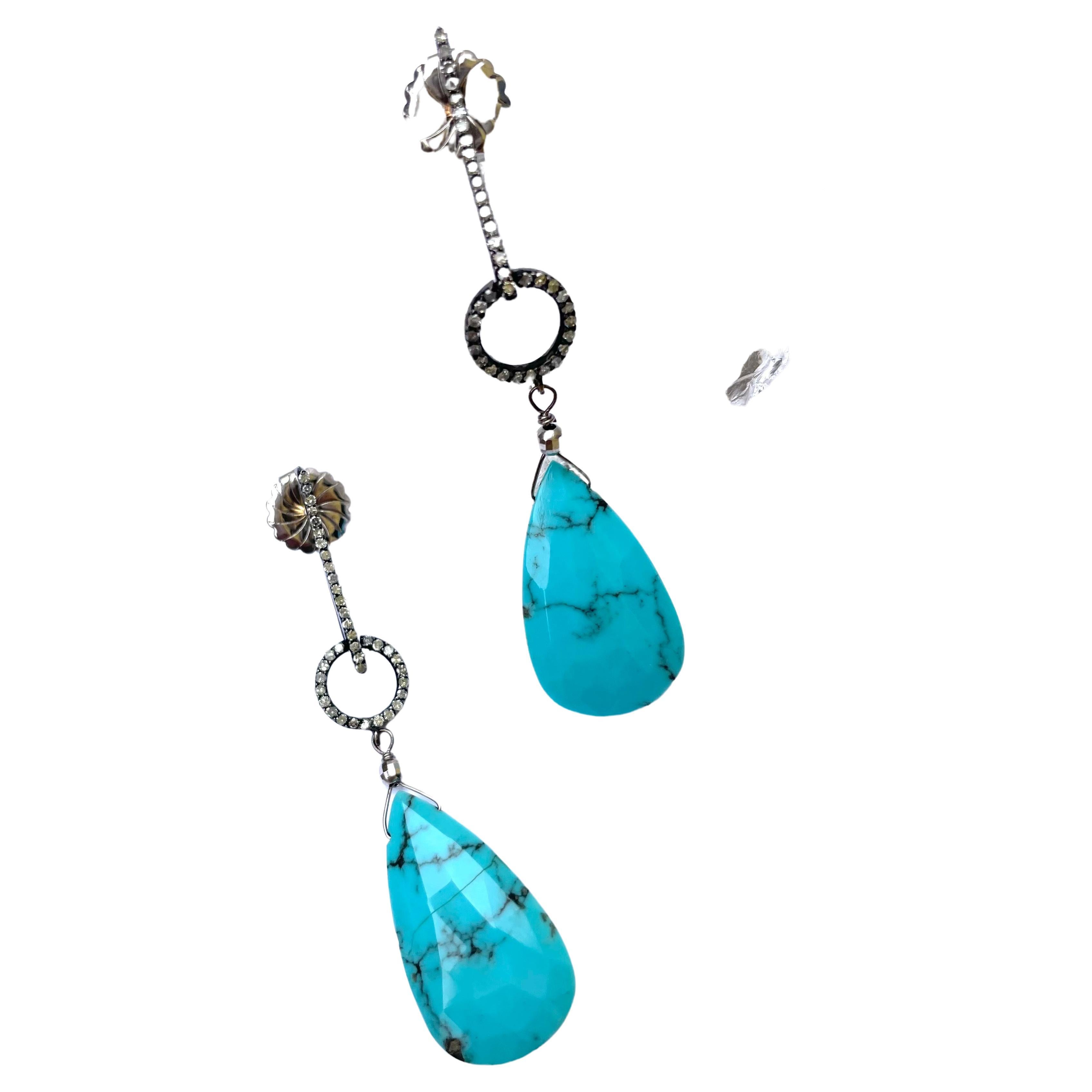 Artisan Sleeping Beauty Turquoise Earrings with Diamonds For Sale