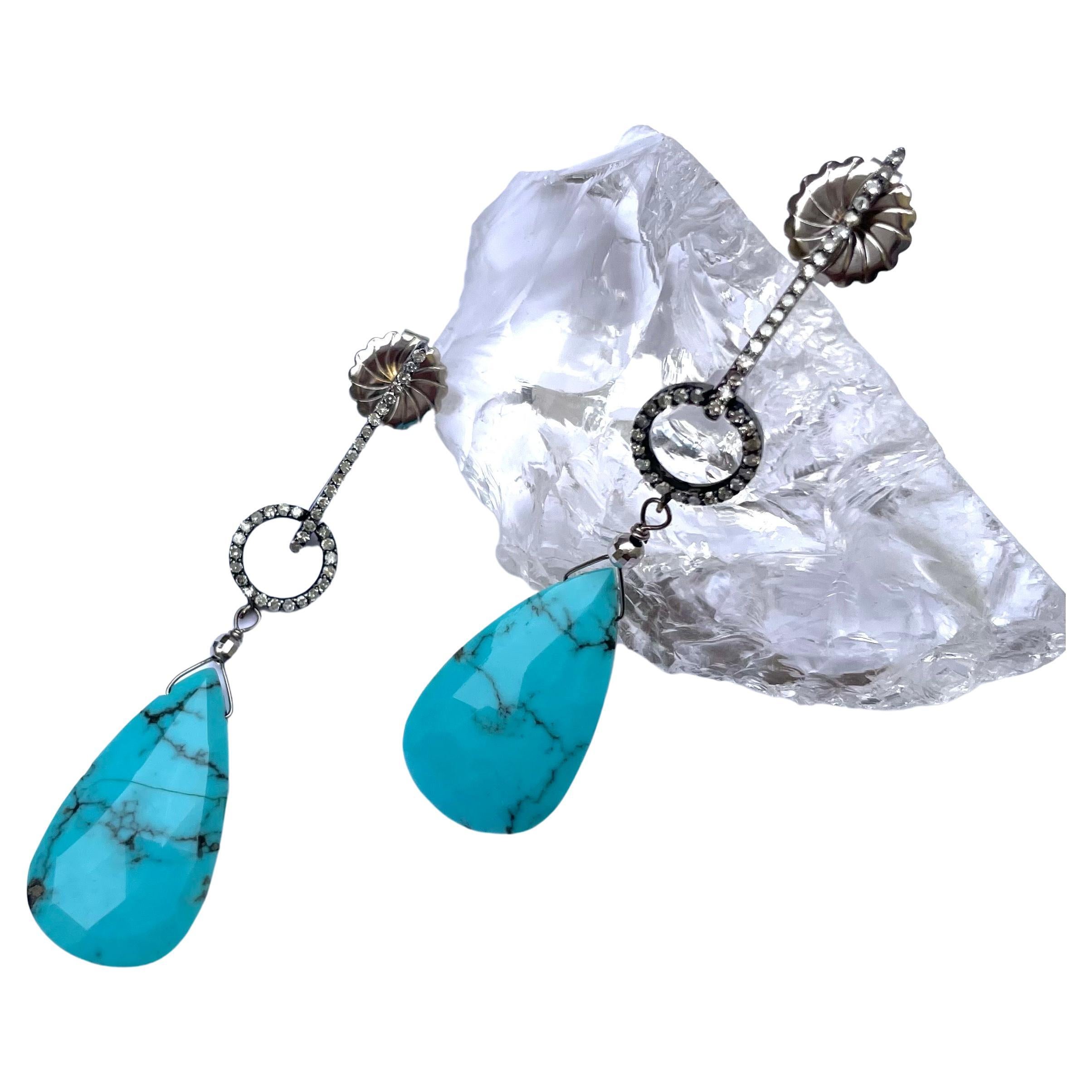 Pear Cut Sleeping Beauty Turquoise Earrings with Diamonds For Sale