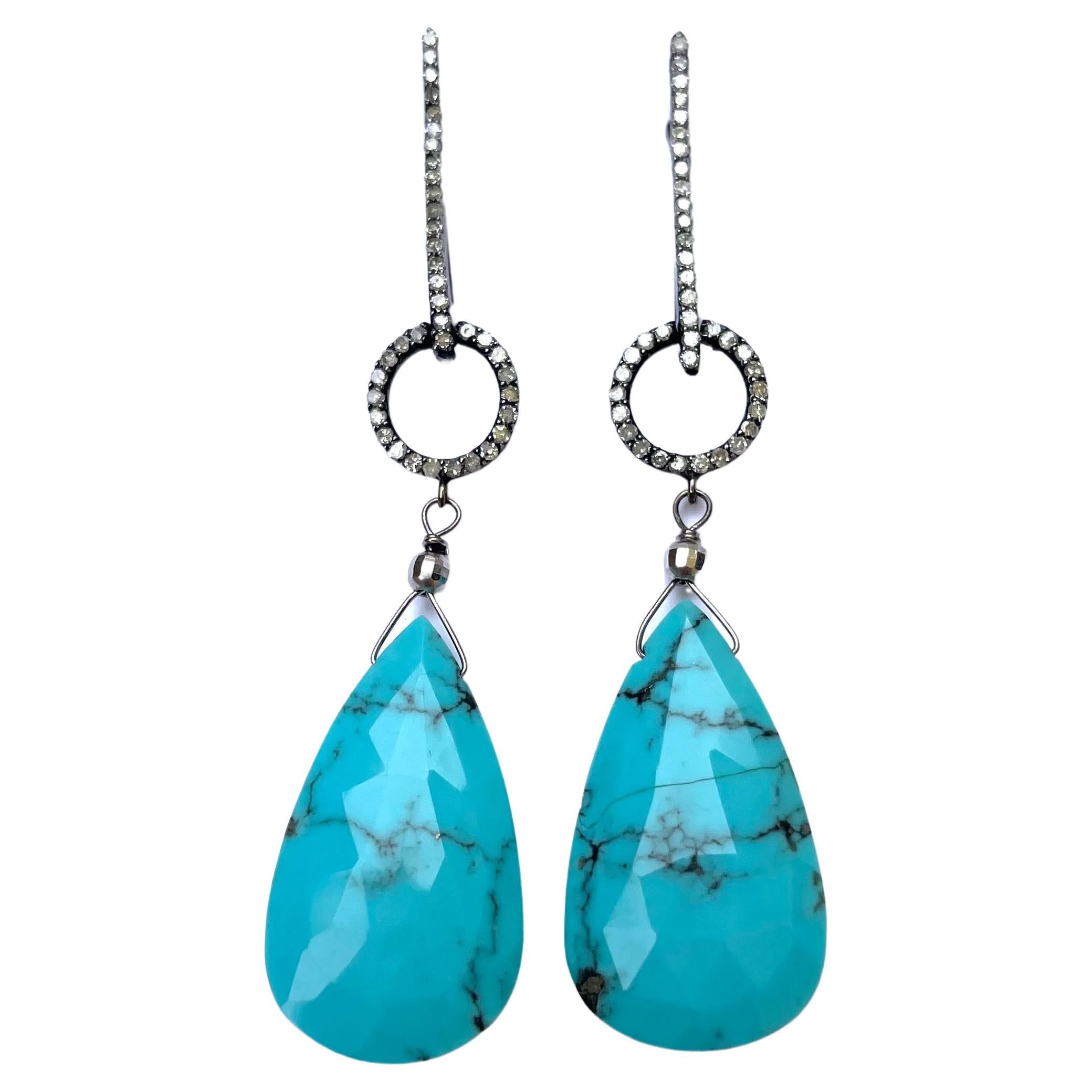 Sleeping Beauty Turquoise Earrings with Diamonds In New Condition For Sale In Laguna Beach, CA