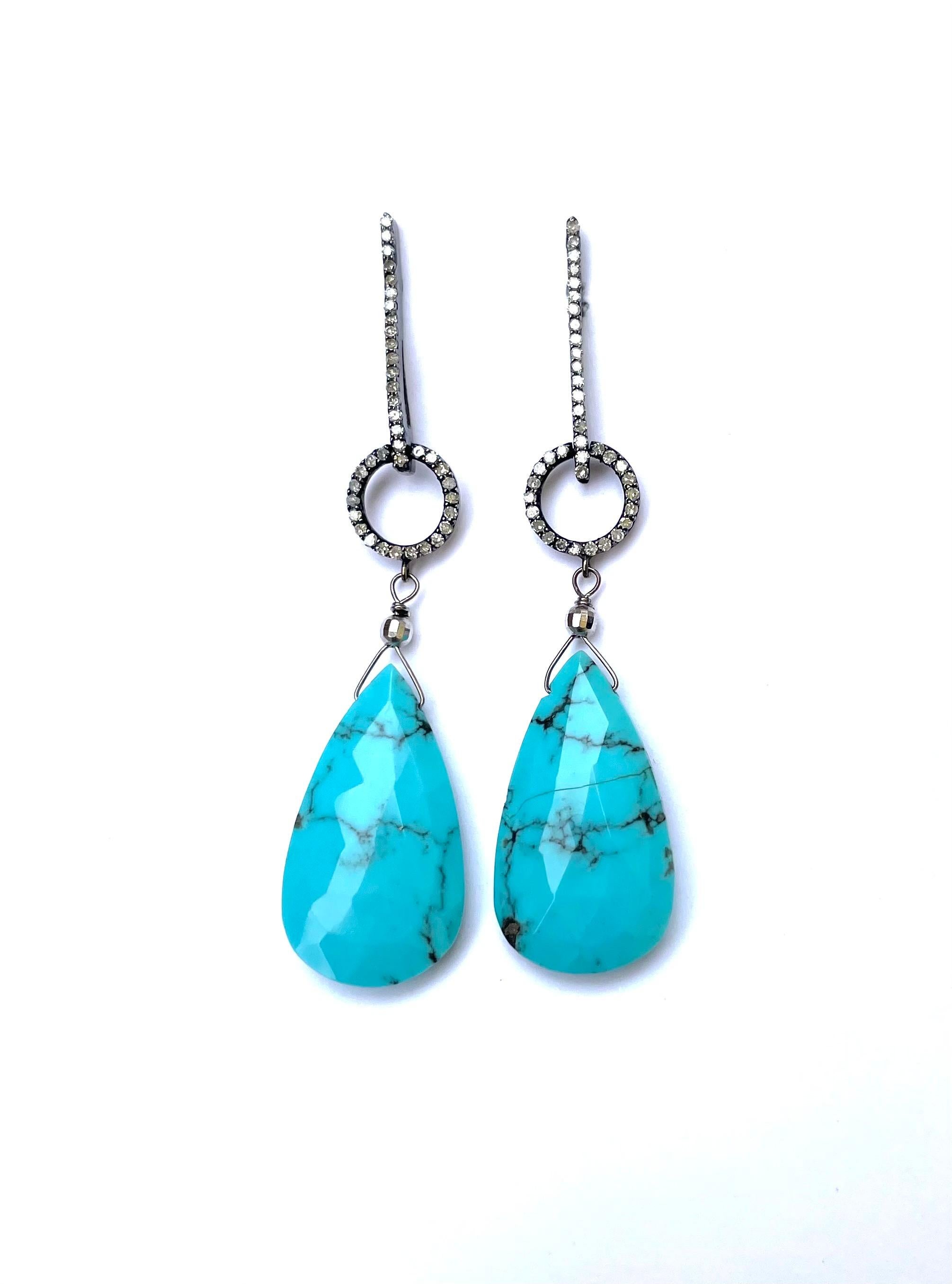 Women's Sleeping Beauty Turquoise Earrings with Diamonds For Sale