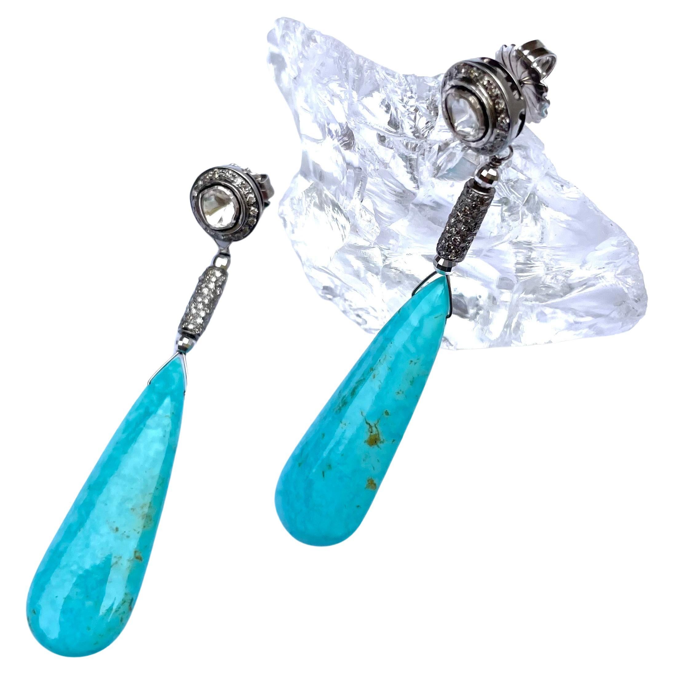Sleeping Beauty Turquoise Earrings with Diamonds For Sale