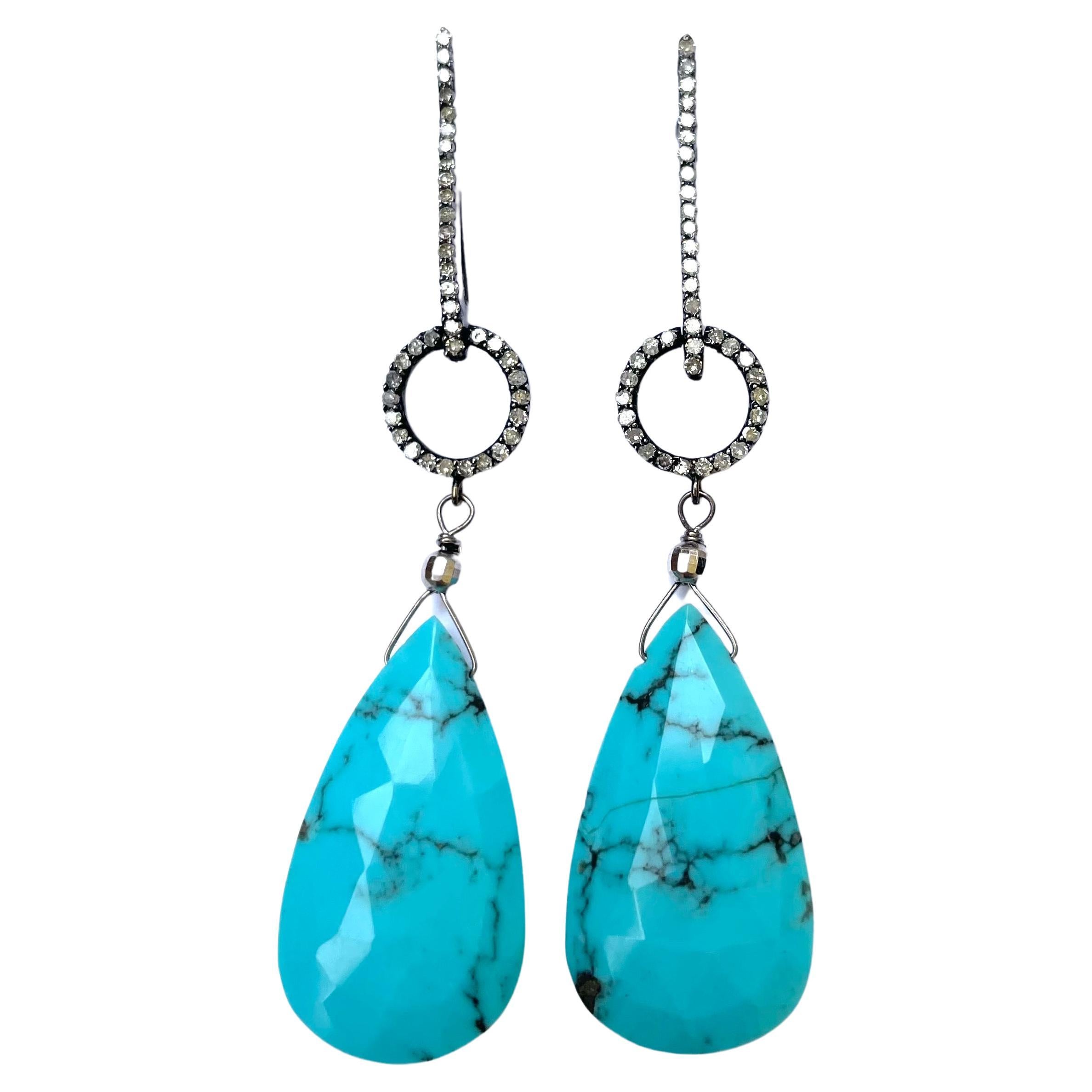 Sleeping Beauty Turquoise Earrings with Diamonds For Sale
