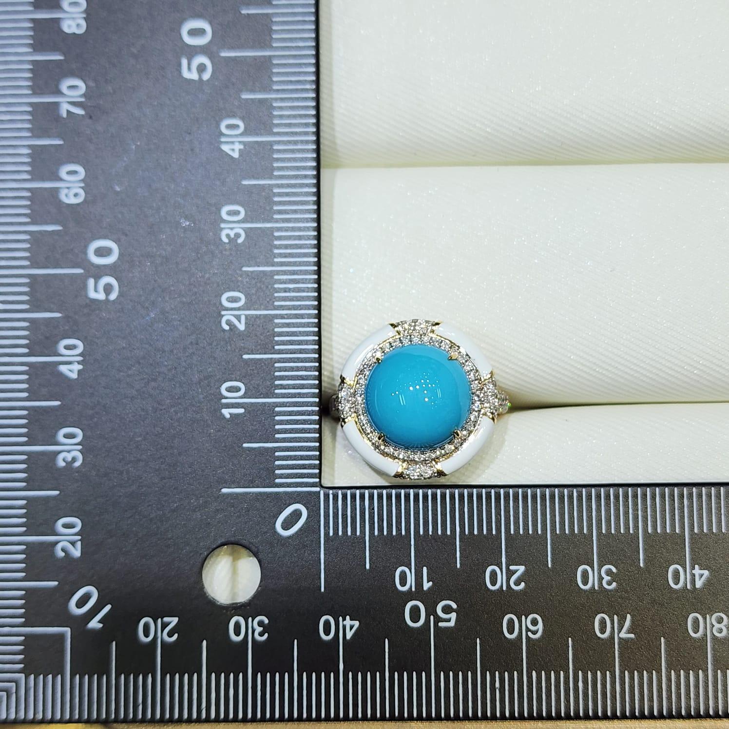 Taille cabochon Bague de style Art déco en or jaune 14 carats, turquoise, émail et diamants Sleeping Beauty en vente