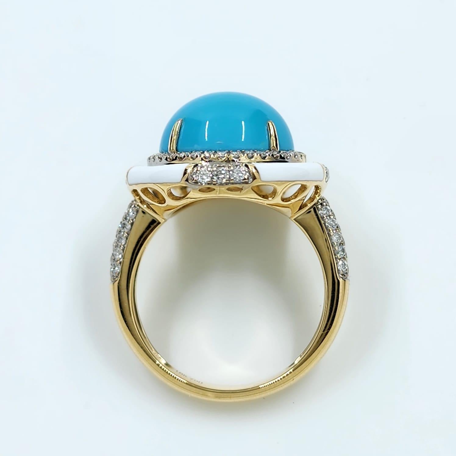 Bague de style Art déco en or jaune 14 carats, turquoise, émail et diamants Sleeping Beauty en vente 1
