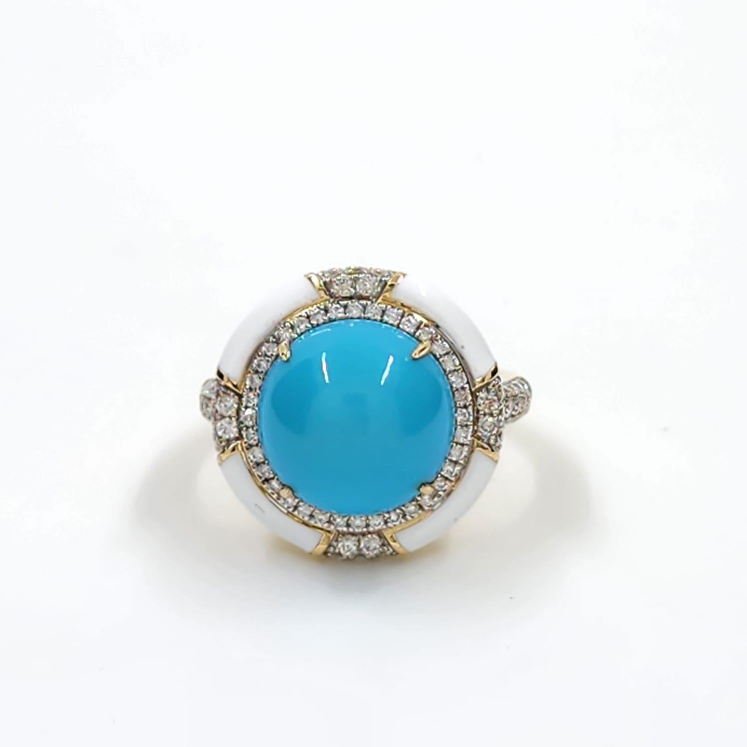 Bague de style Art déco en or jaune 14 carats, turquoise, émail et diamants Sleeping Beauty en vente 4