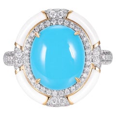 Sleeping Beauty Turquoise Enamel Diamond Art Deco Style Ring in 14K Yellow Gold