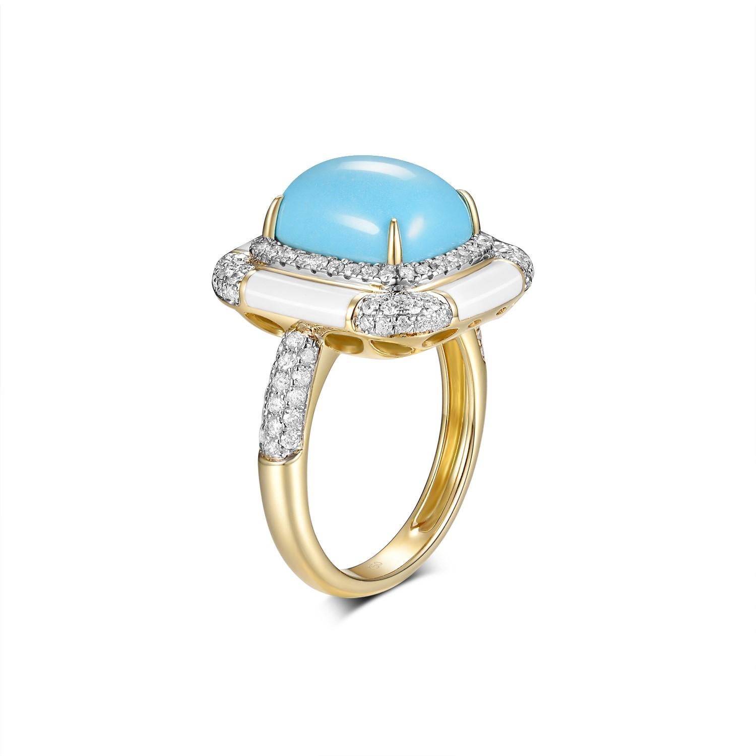 This exquisite ring showcases a cushion sugarloaf-cut turquoise, weighing a substantial 4.25 carats, with a stone size of 11.15 x 9.15 mm. The vivid blue hue of the 100% earth-mined gemstone is framed by a halo of dazzling diamonds, weighing a total