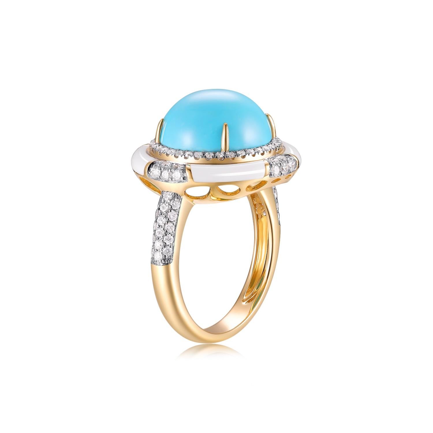 Cette bague exquise est un mélange captivant d'élégance et de design moderne, réalisée en or jaune 18 carats. La pièce centrale présente un magnifique cabochon ovale de turquoise de 4,23 carats, dont la couleur bleue sereine rayonne de tranquillité