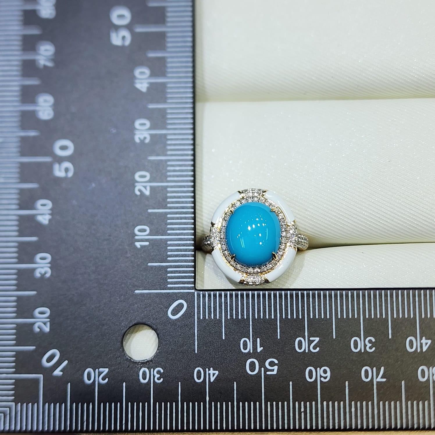 Taille cabochon Bague de style Art déco en or jaune 18 carats, turquoise, émail et diamants Sleeping Beauty en vente
