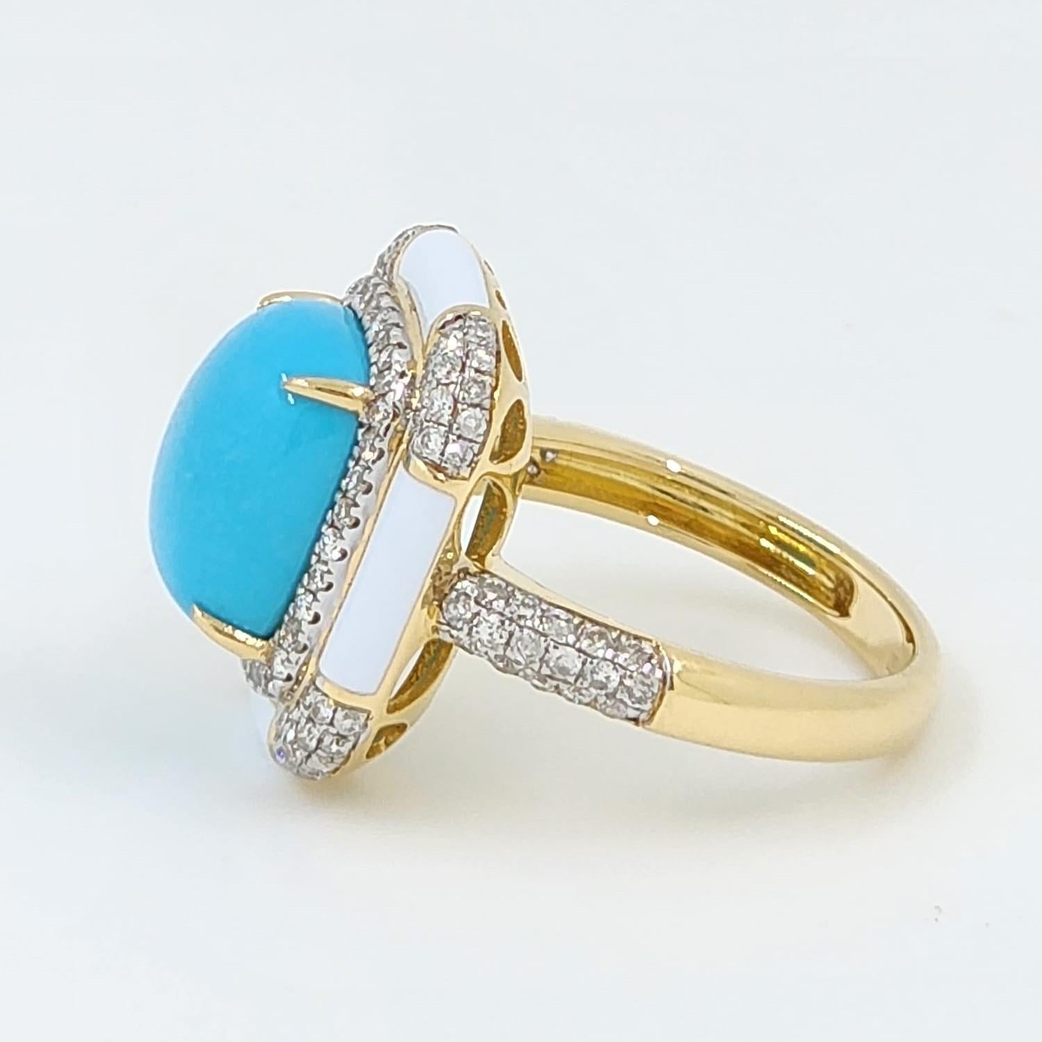 Sleeping Beauty Turquoise Enamel Diamond Art Deco Style Ring in 18K Yellow Gold In New Condition In Hong Kong, HK