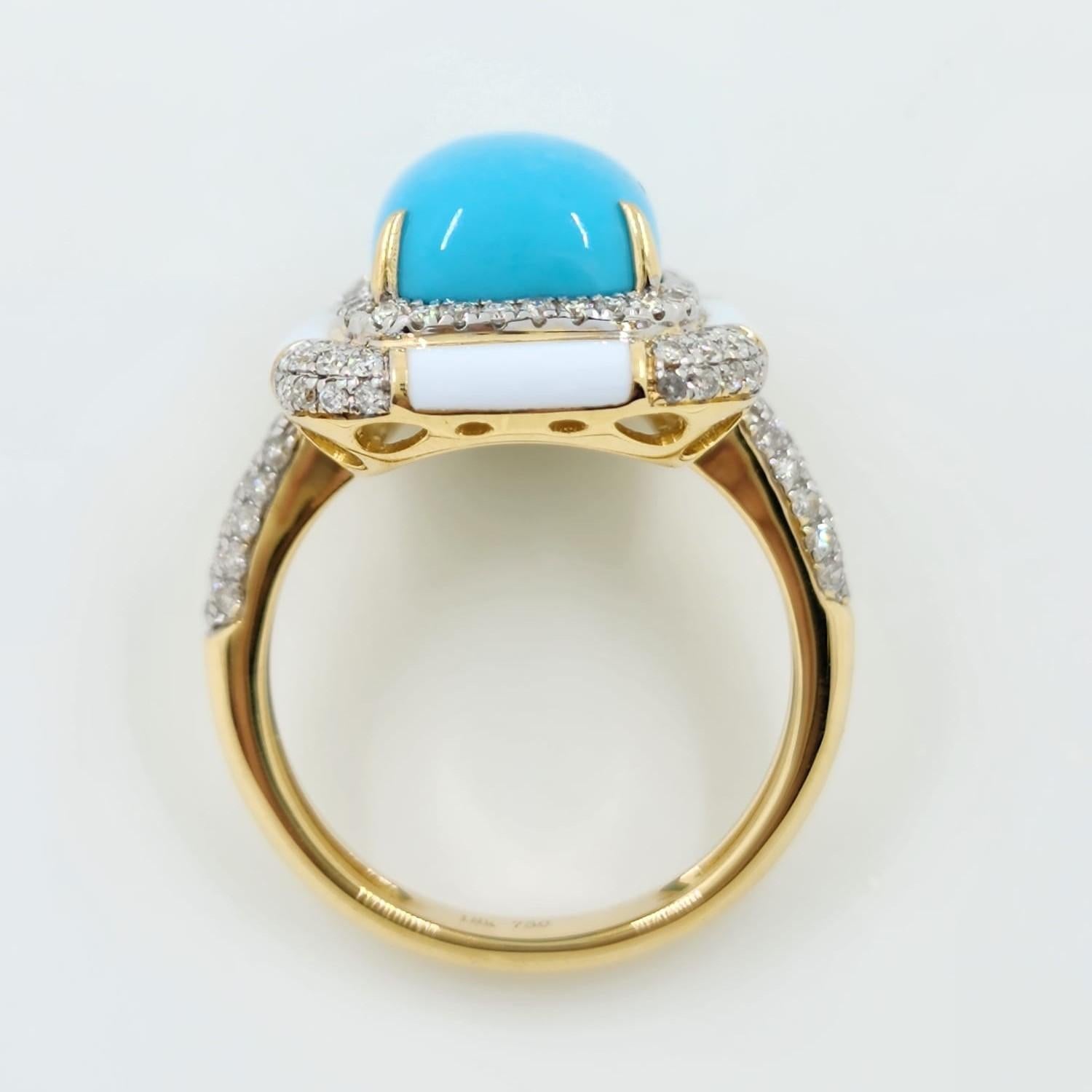 Women's Sleeping Beauty Turquoise Enamel Diamond Art Deco Style Ring in 18K Yellow Gold
