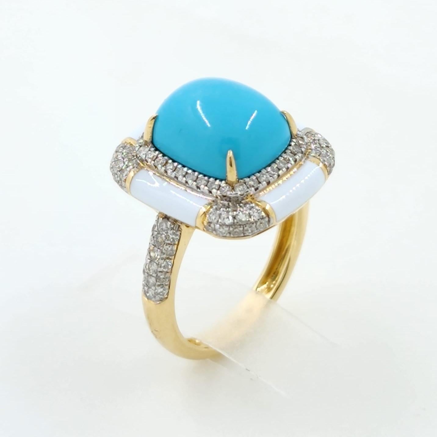 Sleeping Beauty Turquoise Enamel Diamond Art Deco Style Ring in 18K Yellow Gold 1