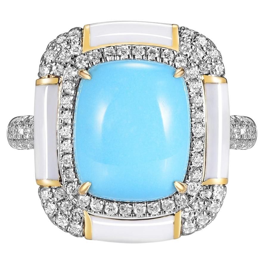 Sleeping Beauty Turquoise Enamel Diamond Art Deco Style Ring in 18K Yellow Gold