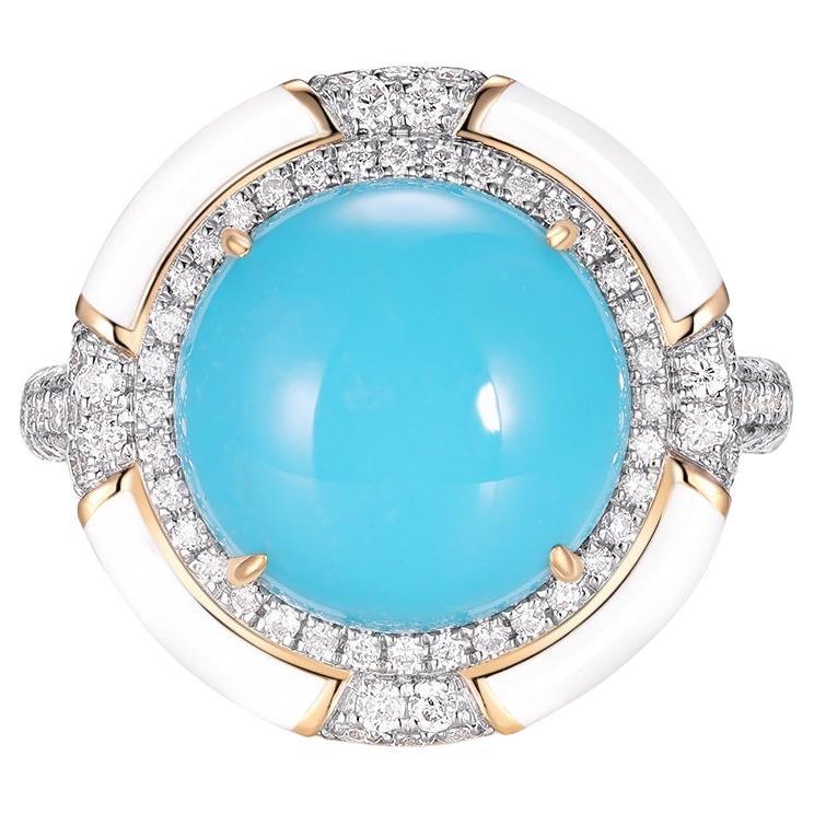 Sleeping Beauty Ring aus 18 Karat Gelbgold mit türkisfarbener Emaille und Diamant im Art-déco-Stil
