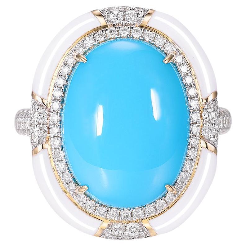 Sleeping Beauty Turquoise Enamel Diamond Art Deco Style Ring in 18K Yellow Gold