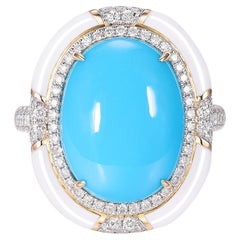 Sleeping Beauty Turquoise Enamel Diamond Art Deco Style Ring in 18K Yellow Gold