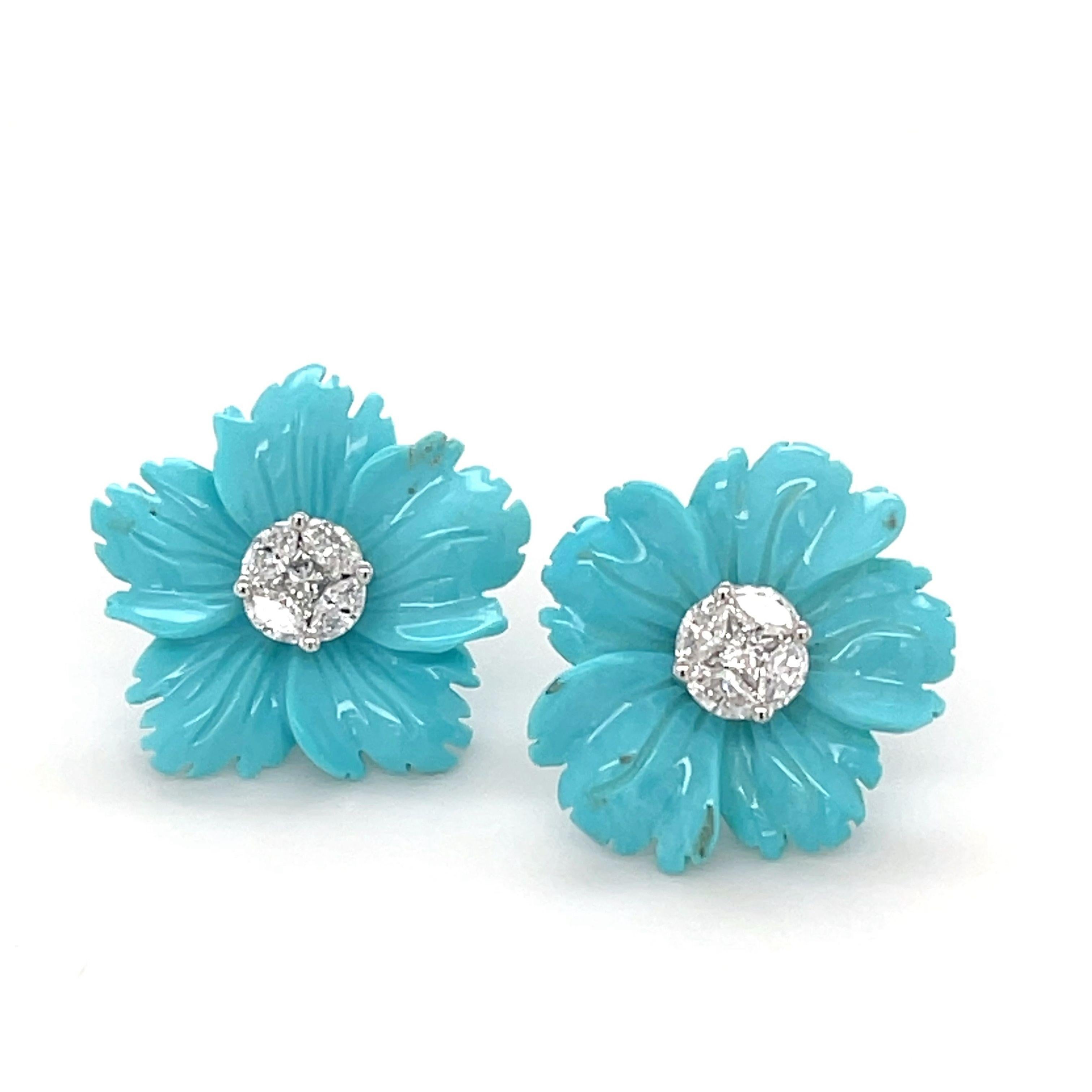 These beautiful earrings are so versatile; the turquoise jackets can be paired with other stud earrings, and the diamond studs can be worn alone or with other jackets! 
The floral jackets are hand carved, 
