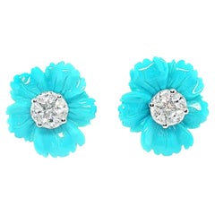 18k White Gold Diamond Stud Earrings with Turquoise Flower Jackets, 5.5ct