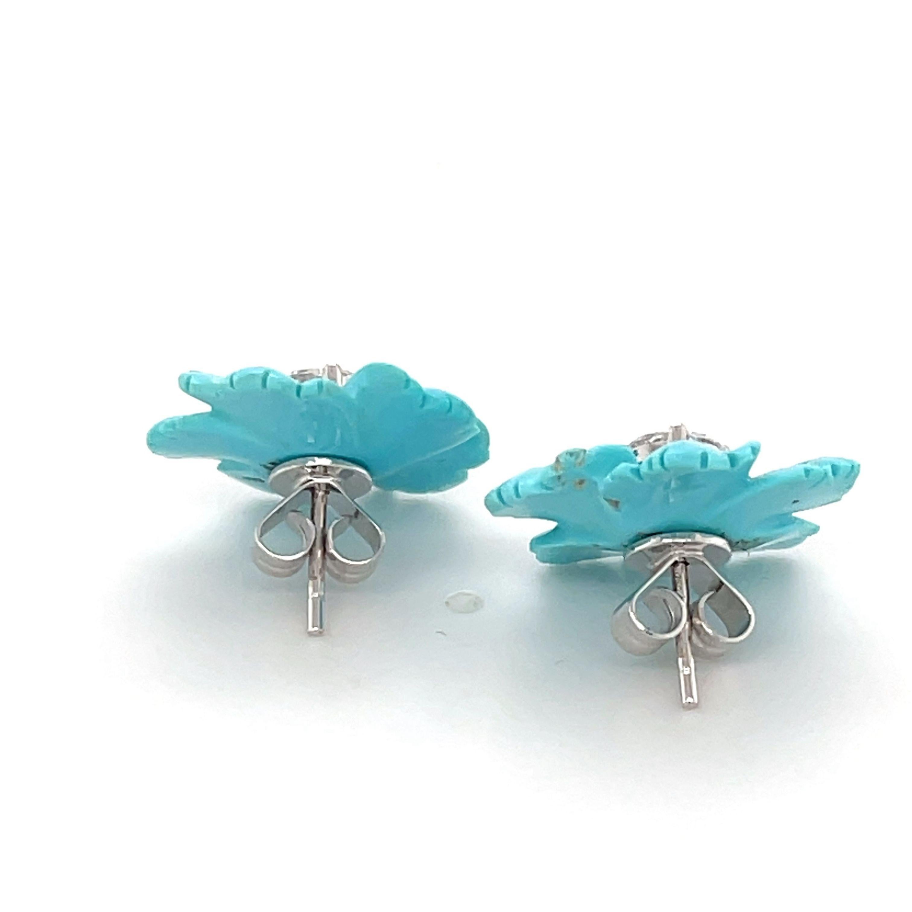 Brilliant Cut Sleeping Beauty Turquoise Floral Earring Jackets with Diamond Stud Centers