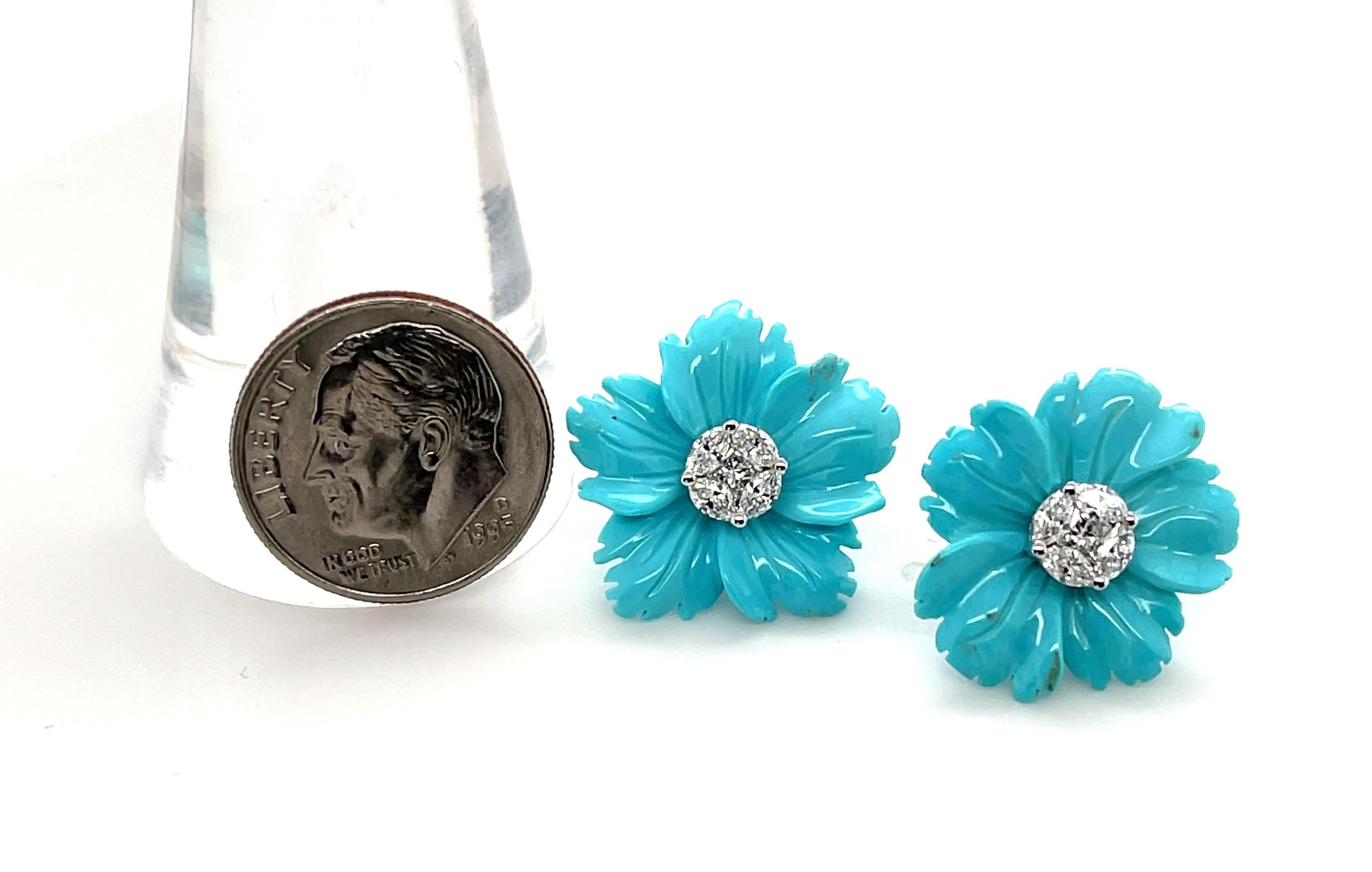 Sleeping Beauty Turquoise Floral Earring Jackets with Diamond Stud Centers In New Condition In Los Angeles, CA