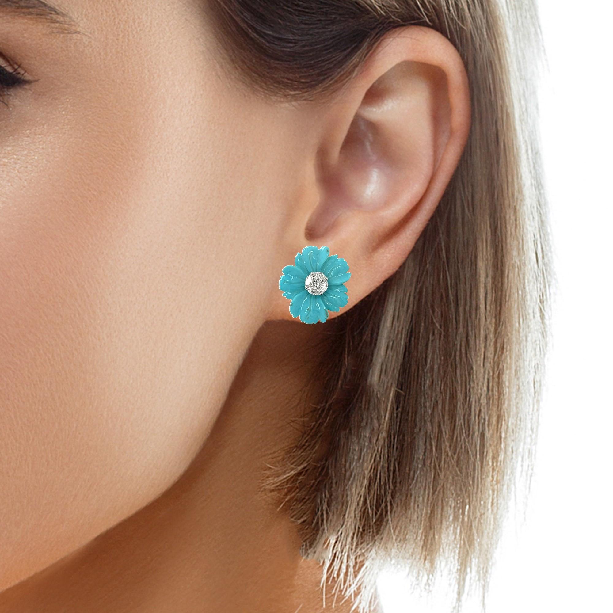 Women's Sleeping Beauty Turquoise Floral Earring Jackets with Diamond Stud Centers