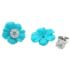 18k White Gold Diamond Stud Earrings with Turquoise Flower Jackets, 5.5ct