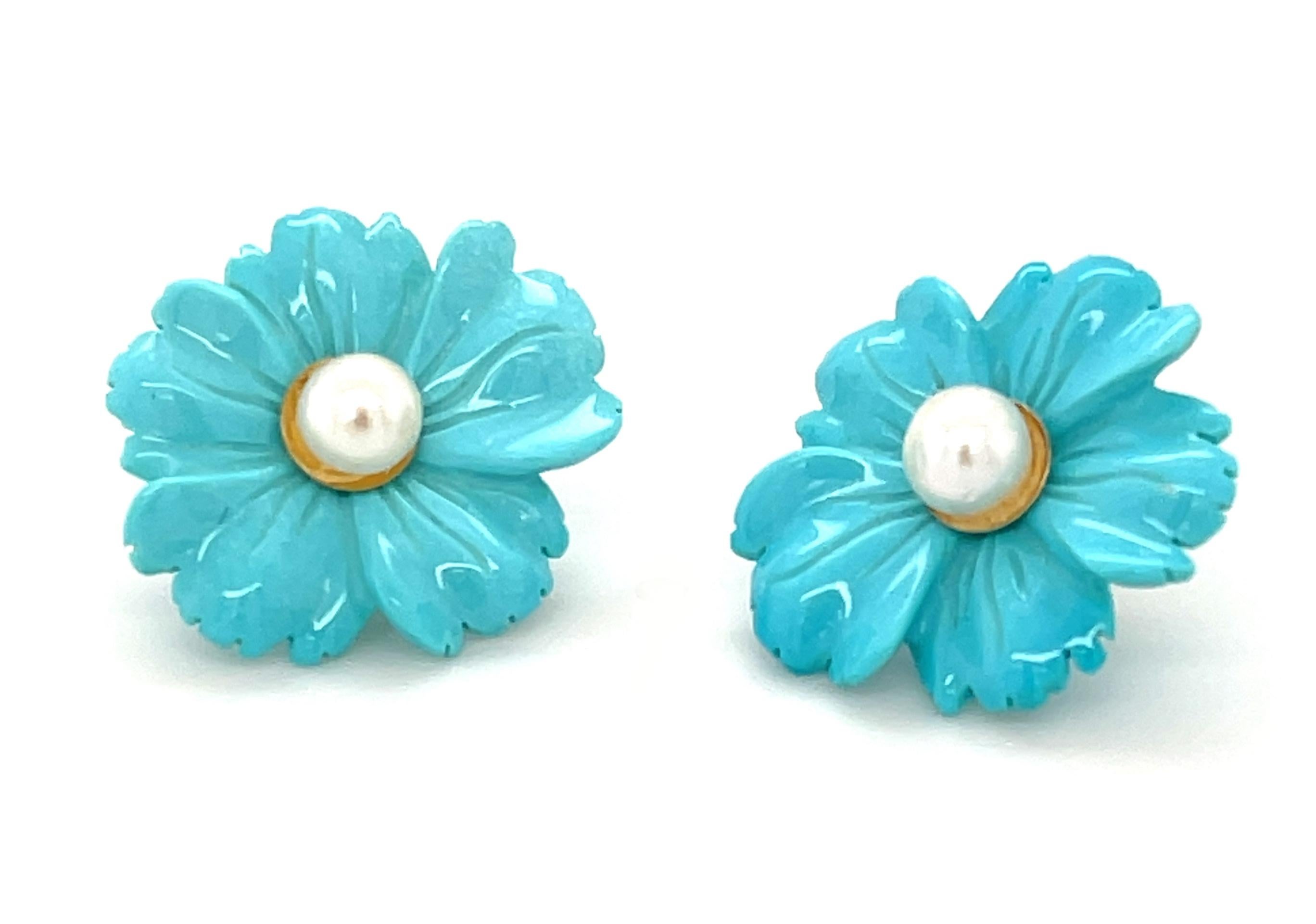 These lovely earrings are so versatile - the turquoise jackets can be worn with different stud earrings, and the pearl studs can be paired with other jackets or worn alone! The floral jackets are hand carved from Sleeping Beauty turquoise, named