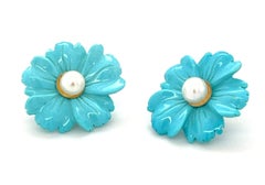 Sleeping Beauty Turquoise Floral Earring Jackets with Pearl Stud Centers