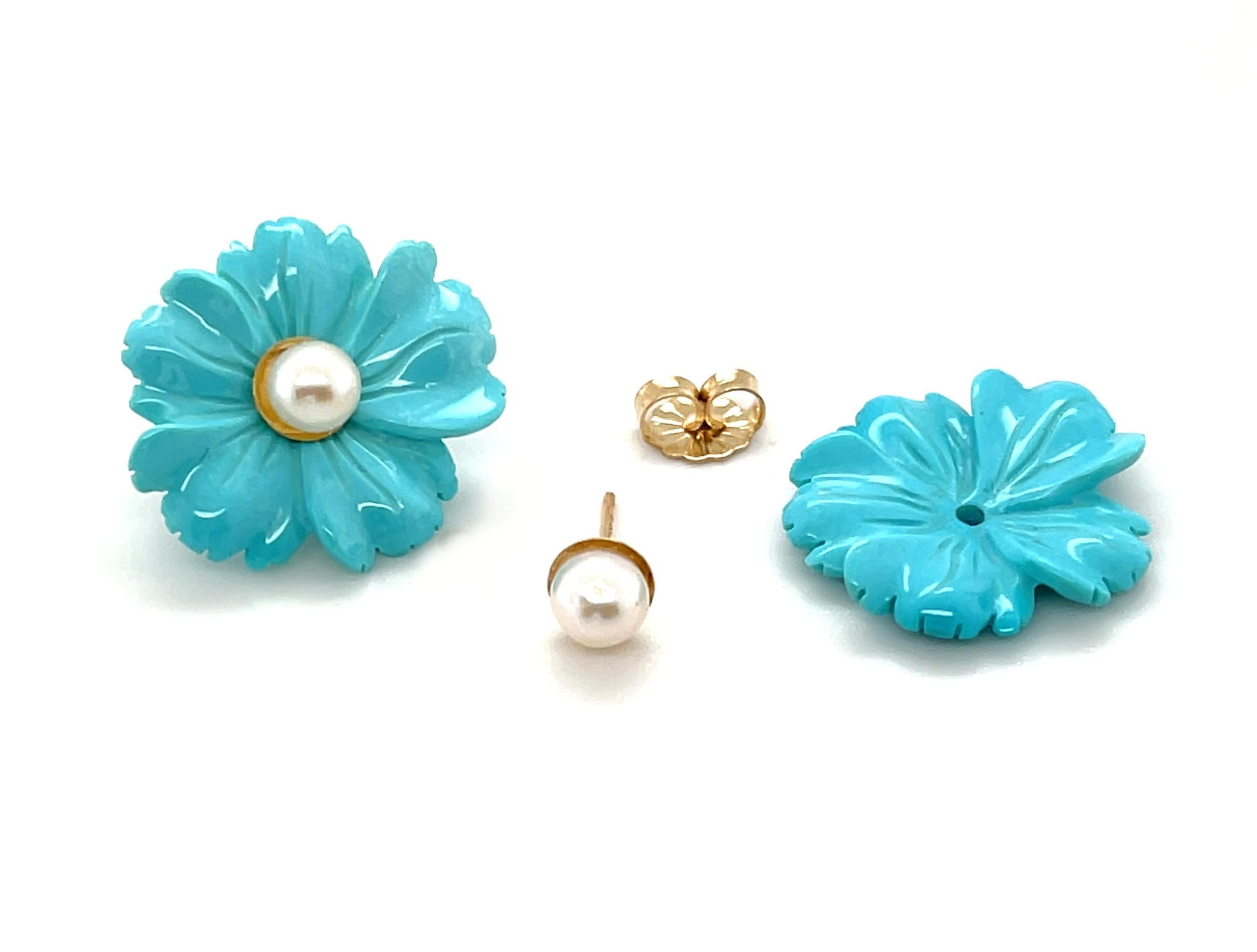 Mixed Cut Sleeping Beauty Turquoise Floral Earring Jackets with Pearl Stud Centers
