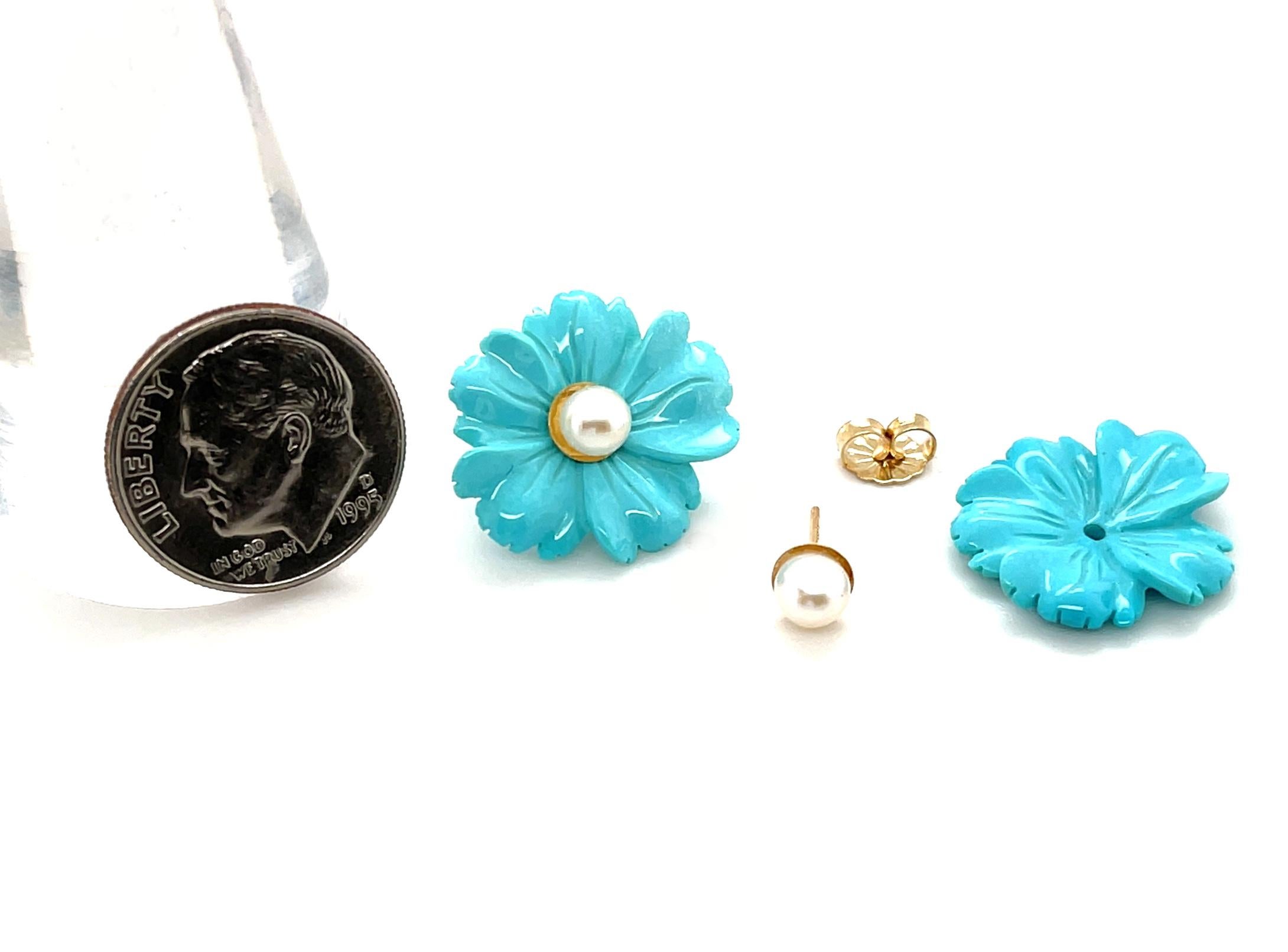 Sleeping Beauty Turquoise Floral Earring Jackets with Pearl Stud Centers In New Condition In Los Angeles, CA