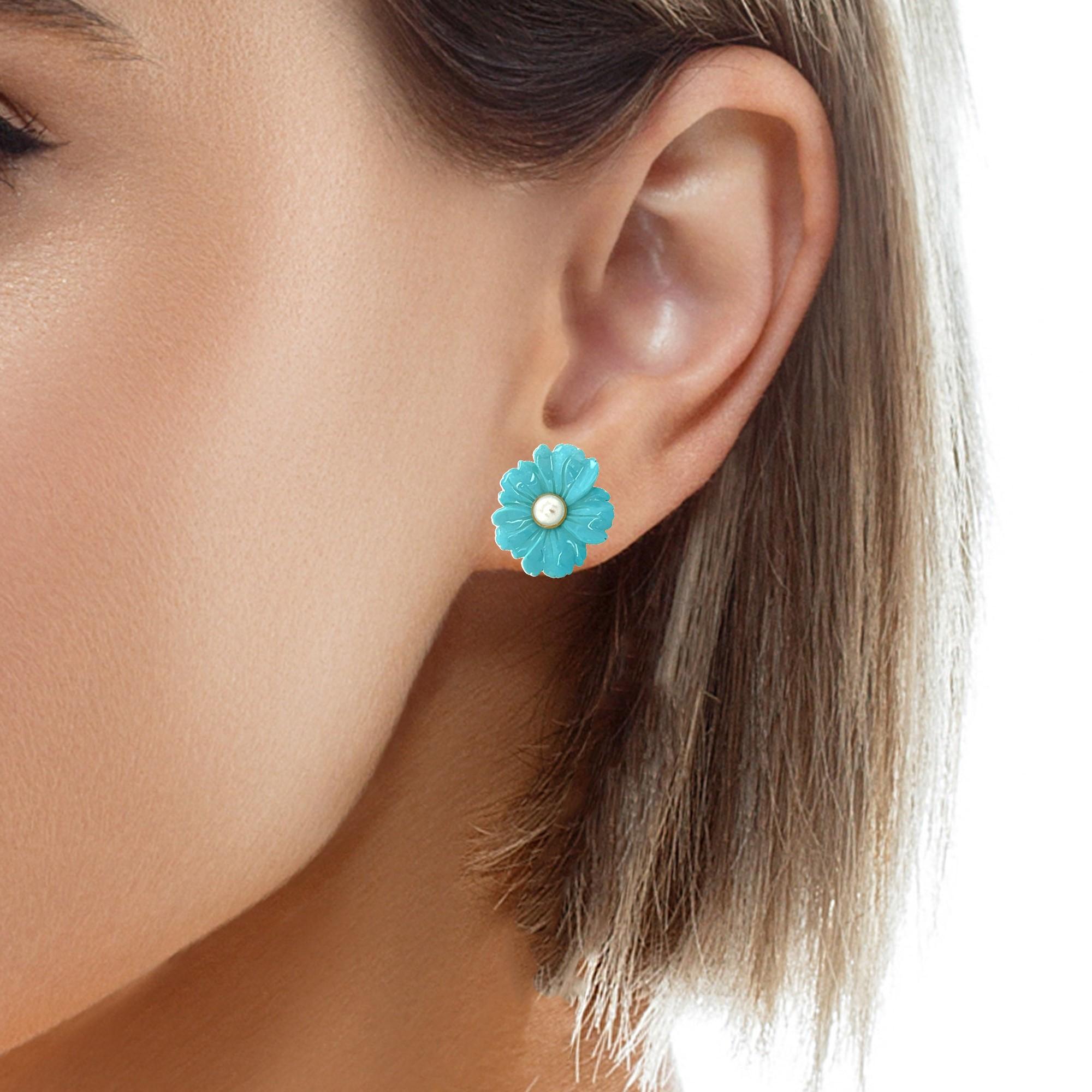 Women's Sleeping Beauty Turquoise Floral Earring Jackets with Pearl Stud Centers