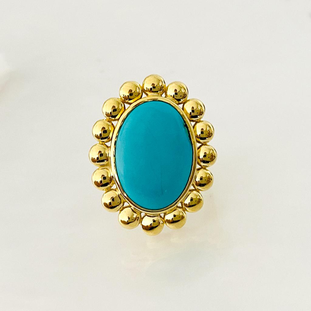 Cabochon Sleeping Beauty Turquoise in 18K Yellow Gold with Beaded Halo One-of-a-Kind For Sale