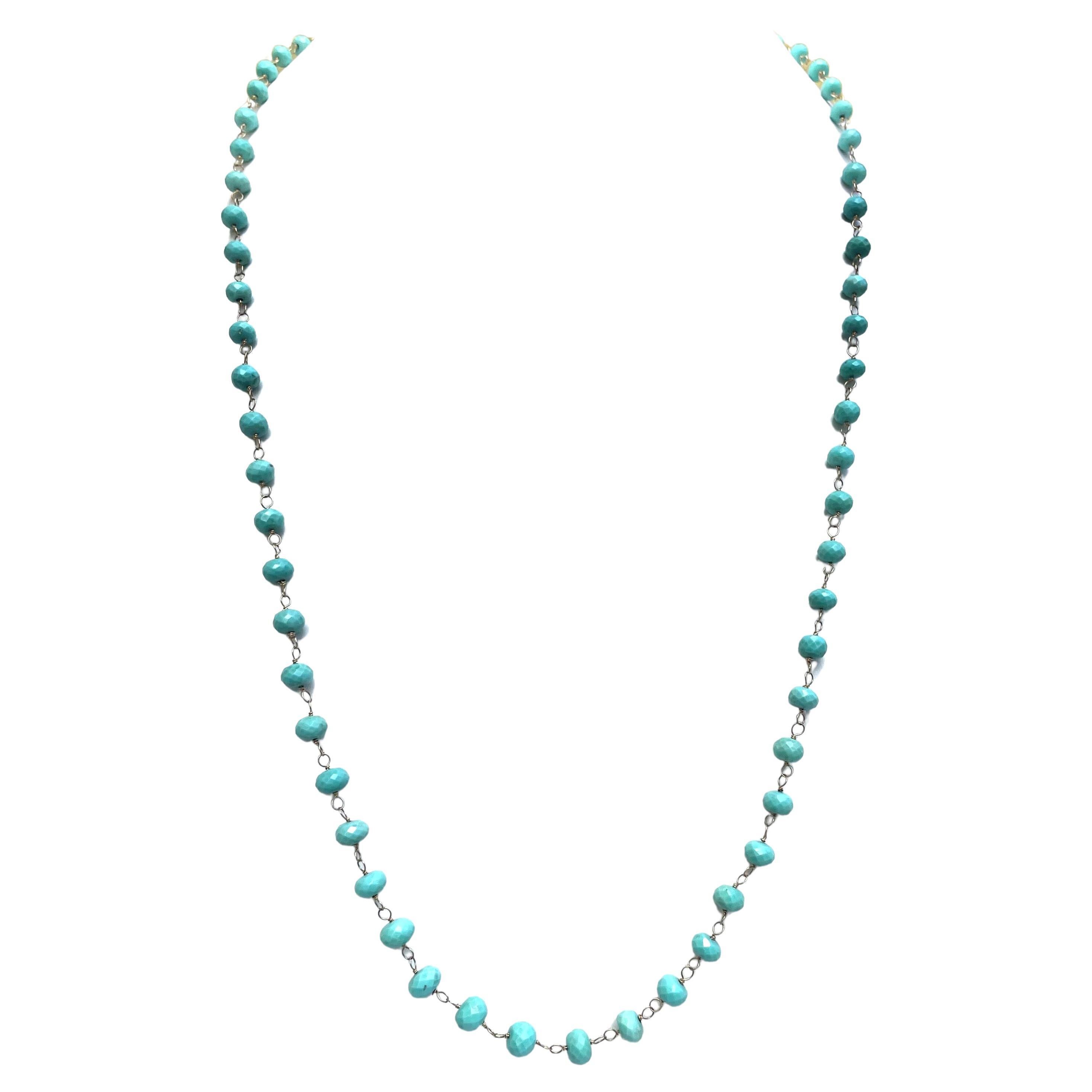 Description
Sleeping Beauty Turquoise 136 carats 14k yellow gold delicately wire-wrapped necklace. Can be worn long or doubled as a shorter necklace.
Item # N3828

Materials and Weight
Sleeping Beauty Turquoise 7 to 9mm, rondel shape 65 beads, 136